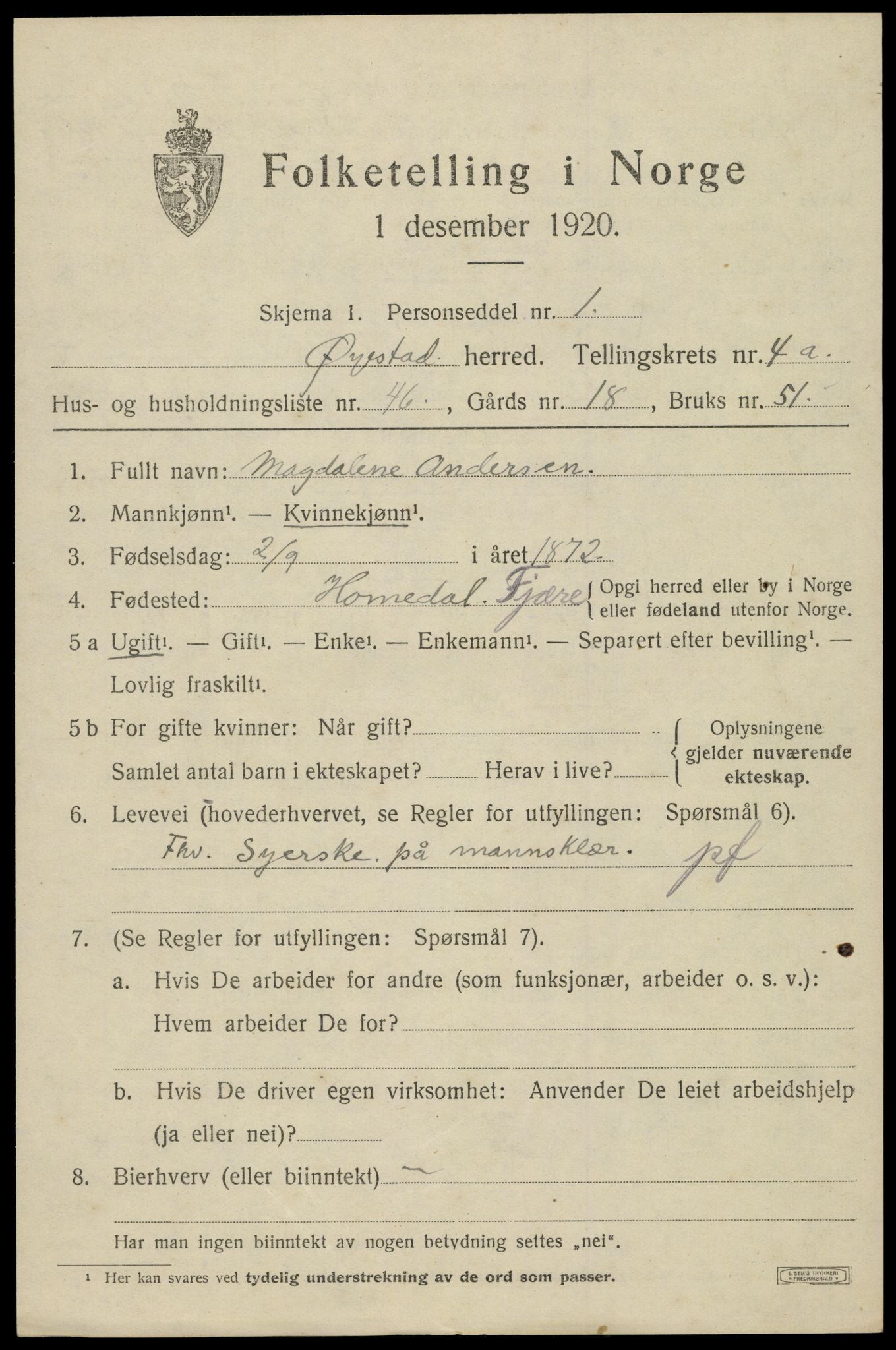 SAK, 1920 census for Øyestad, 1920, p. 3622
