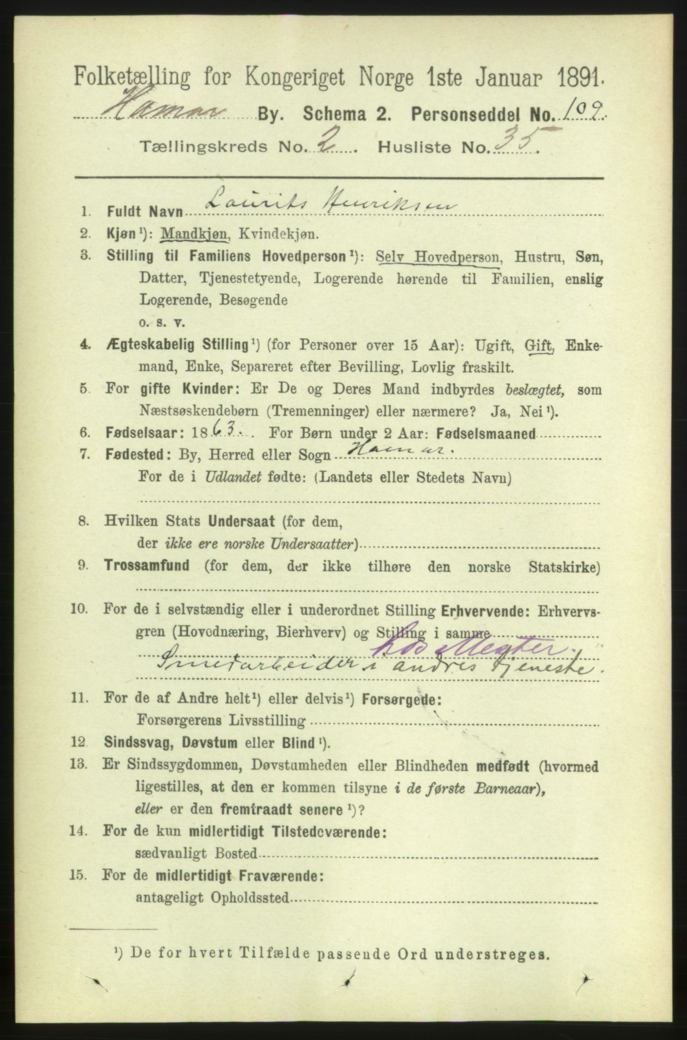 RA, 1891 census for 0401 Hamar, 1891, p. 1574