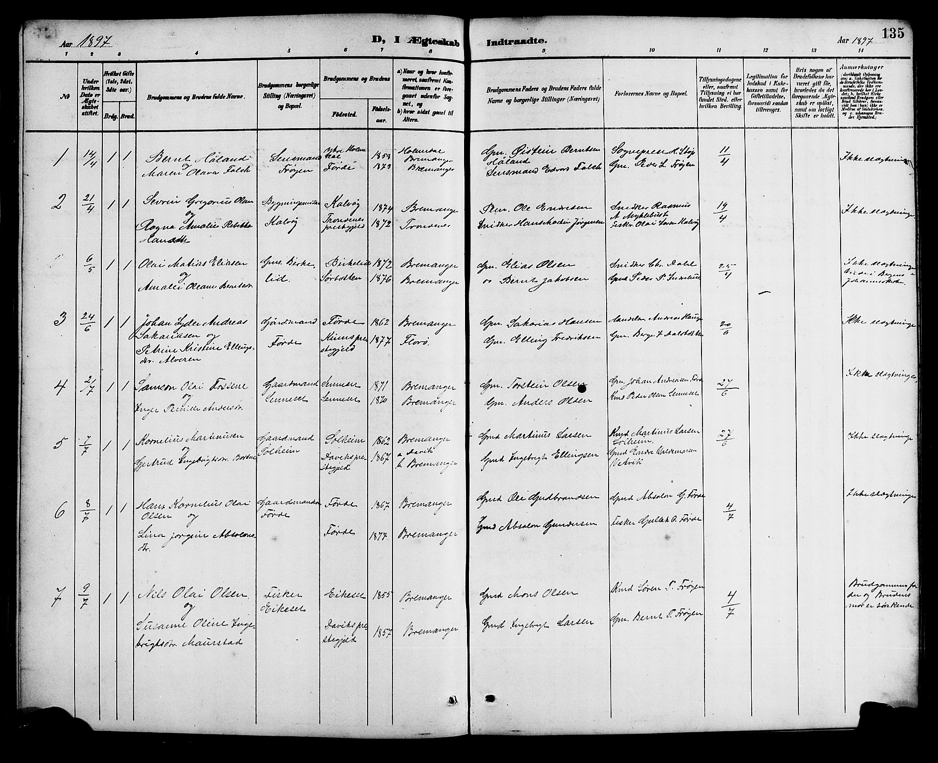 Bremanger sokneprestembete, SAB/A-82201/H/Hab/Haba/L0003: Parish register (copy) no. A 3, 1890-1908, p. 135