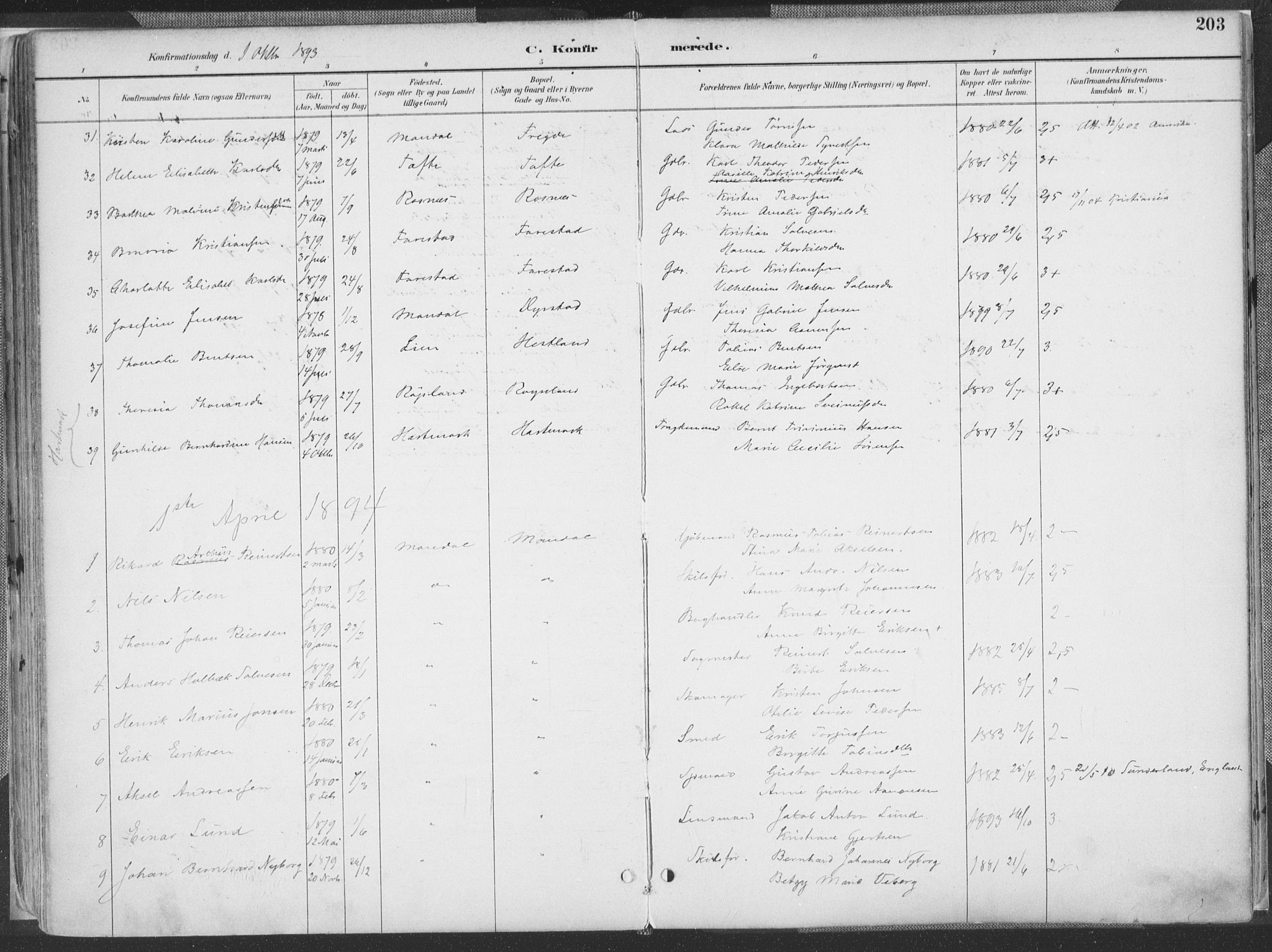 Mandal sokneprestkontor, AV/SAK-1111-0030/F/Fa/Faa/L0018: Parish register (official) no. A 18, 1890-1905, p. 203