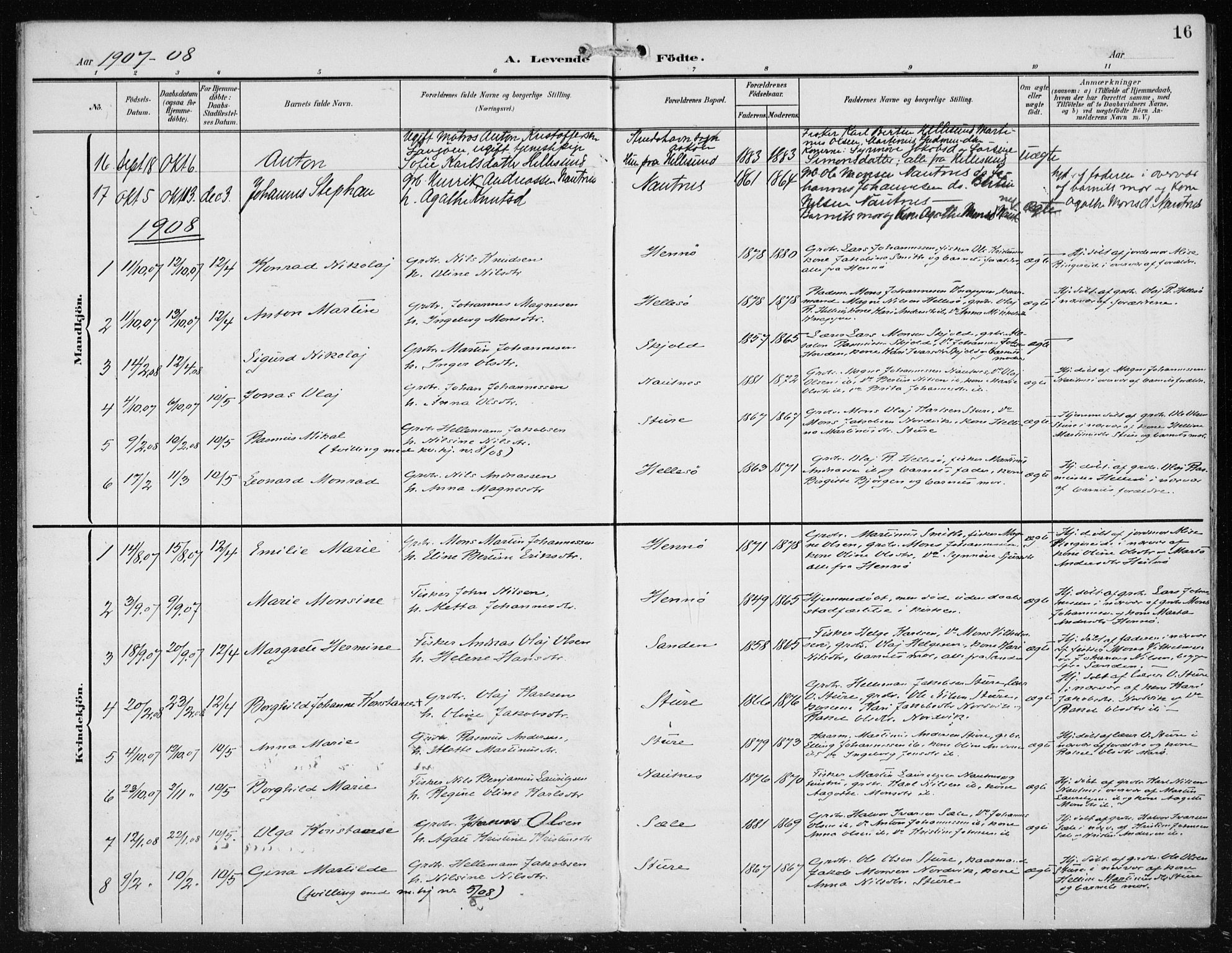 Herdla Sokneprestembete, AV/SAB-A-75701/H/Haa: Parish register (official) no. B 1, 1902-1921, p. 16