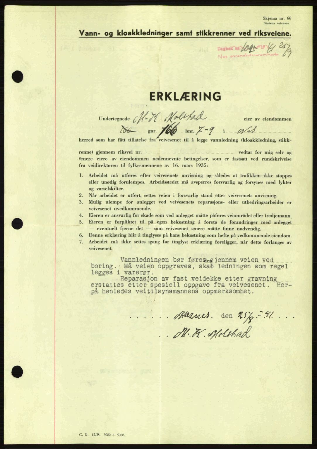 Nes tingrett, AV/SAO-A-10548/G/Gb/Gbb/L0012: Mortgage book no. 56, 1941-1942, Diary no: : 1095/1941