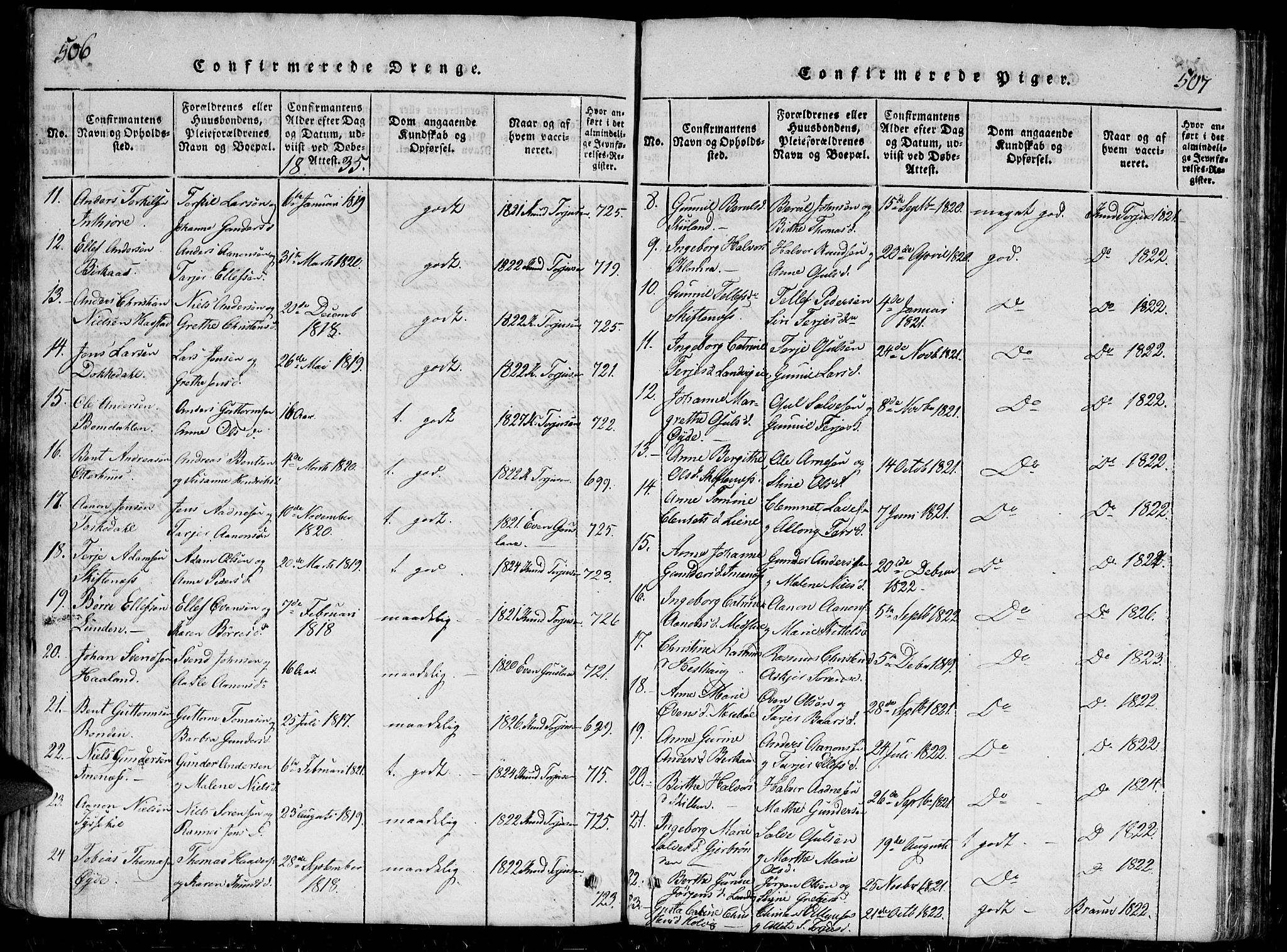 Hommedal sokneprestkontor, AV/SAK-1111-0023/F/Fb/Fbb/L0003: Parish register (copy) no. B 3 /1, 1816-1850, p. 506-507