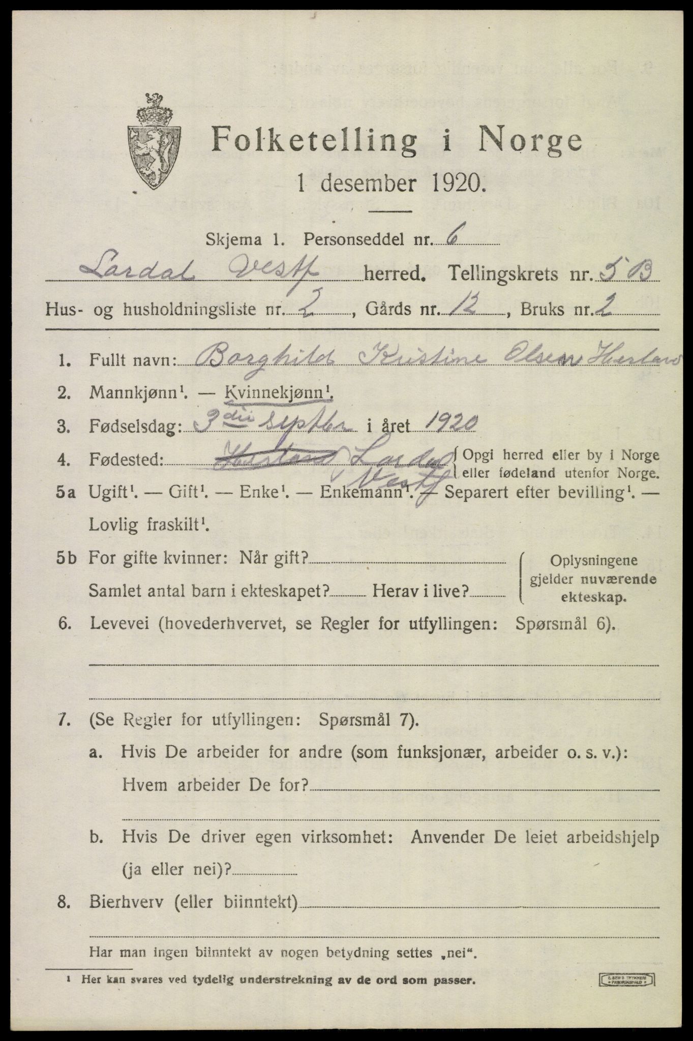 SAKO, 1920 census for Lardal, 1920, p. 5251