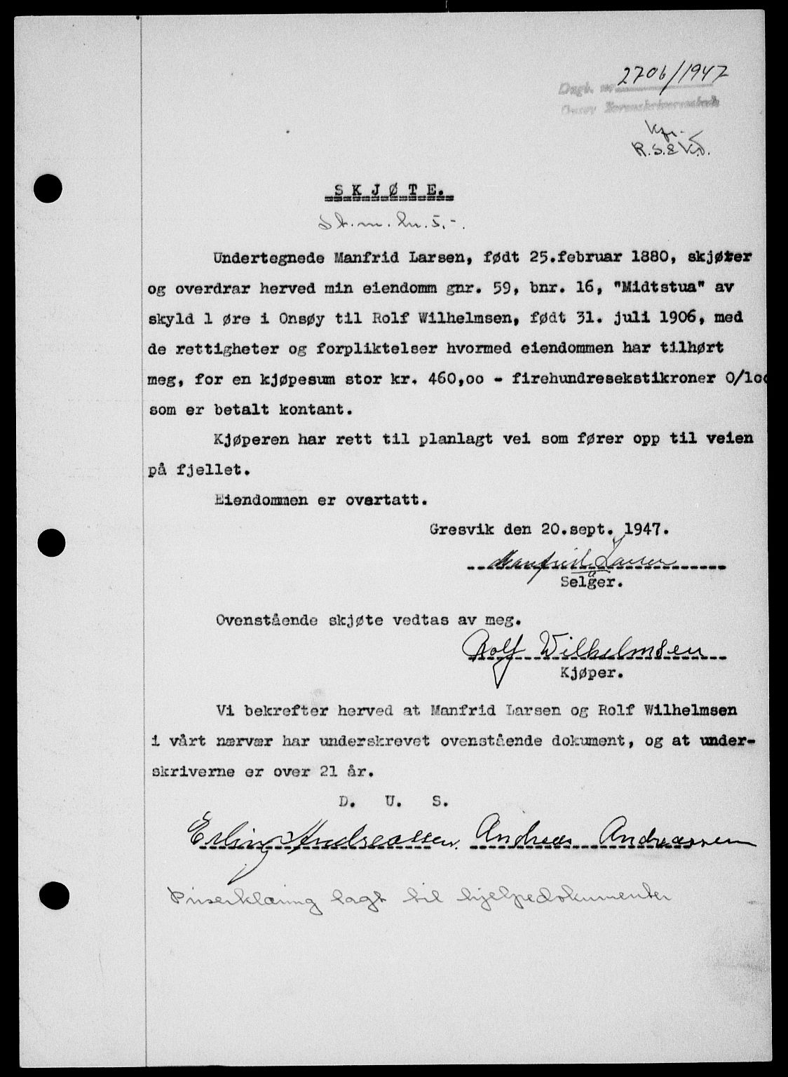 Onsøy sorenskriveri, SAO/A-10474/G/Ga/Gab/L0021: Mortgage book no. II A-21, 1947-1947, Diary no: : 2706/1947