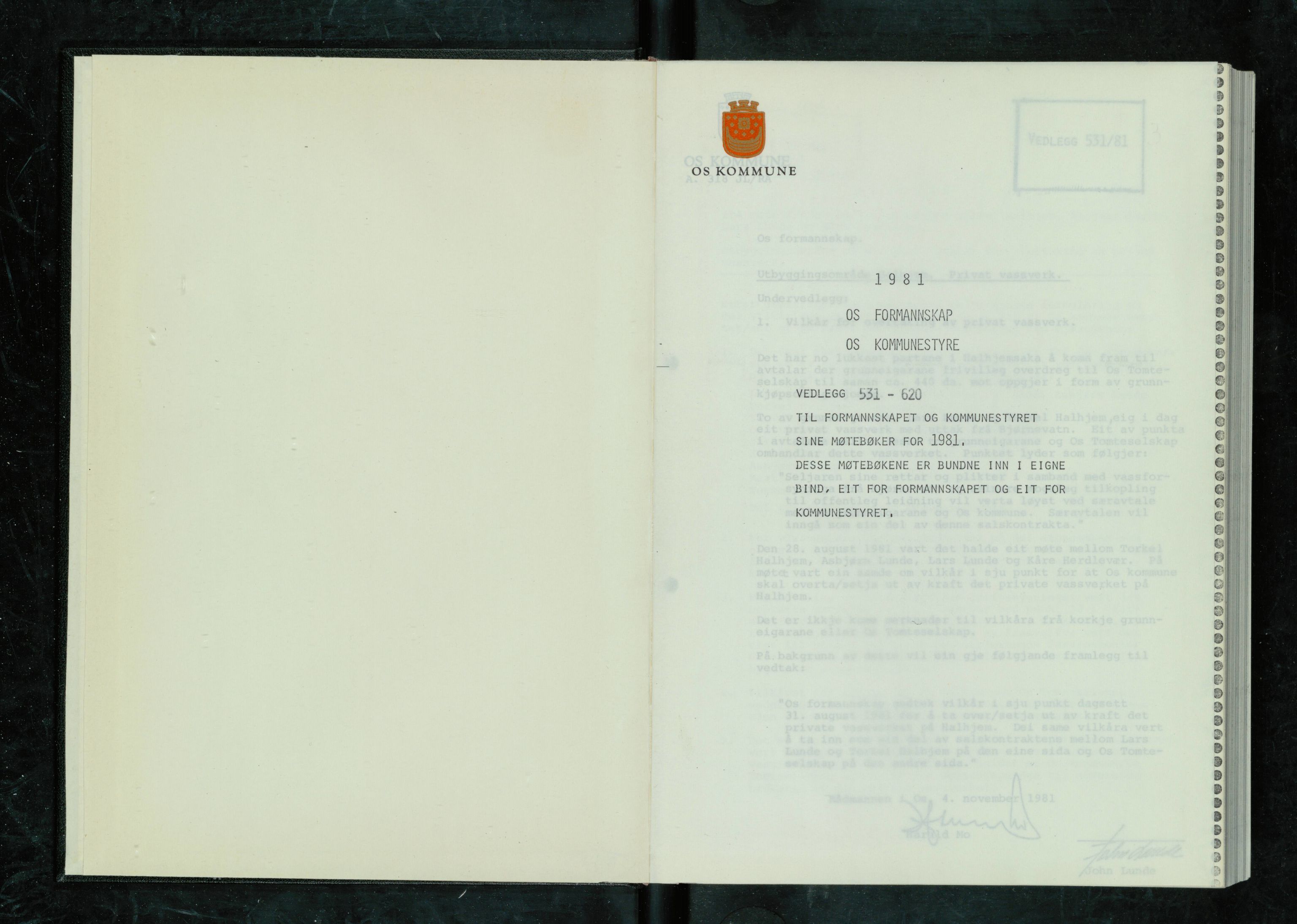 Os kommune. Formannskapet, IKAH/1243-021/A/Ad/L0044: Protokoll over saksvedlegg til møtebøker for formannskapet og kommunestyret. Vedlegg 531-620, 1981