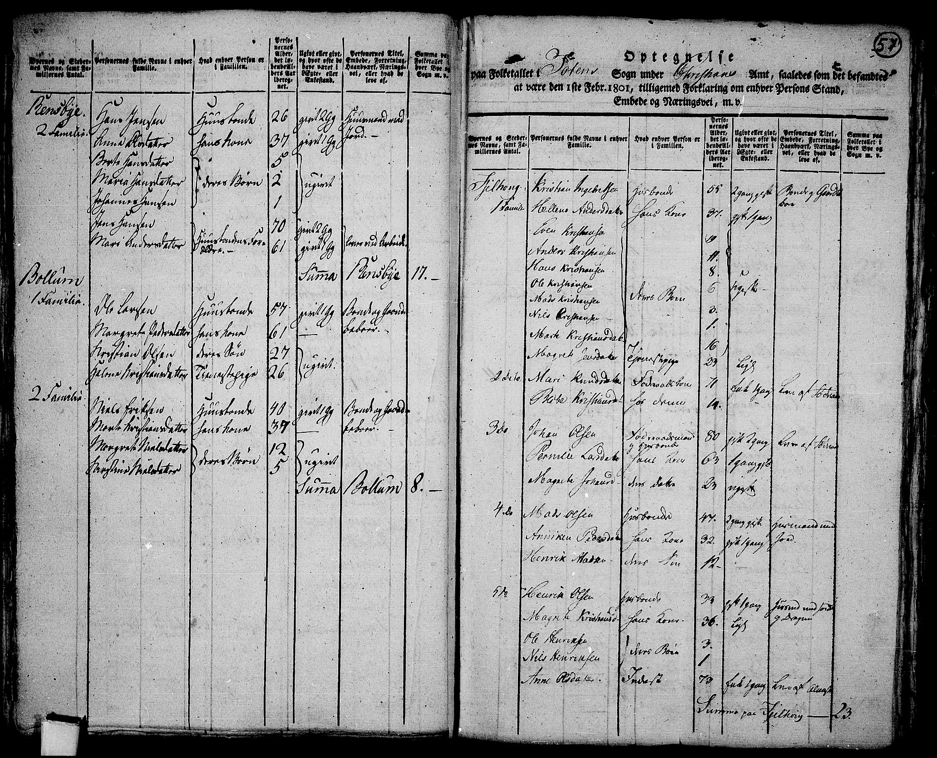 RA, 1801 census for 0528P Toten, 1801, p. 56b-57a