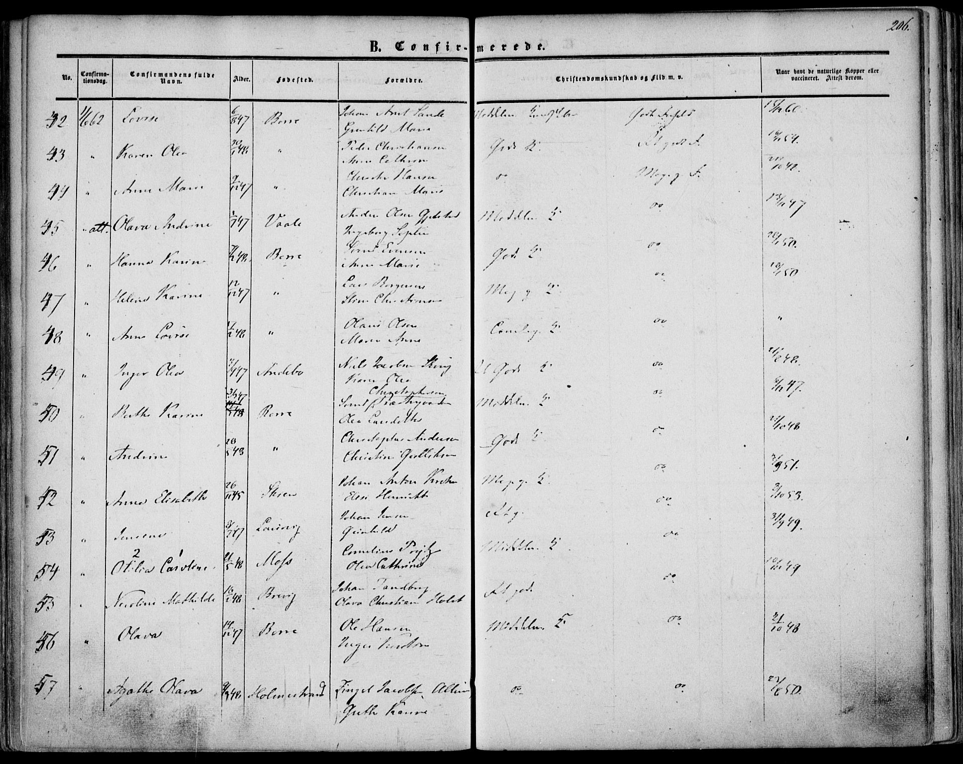 Borre kirkebøker, SAKO/A-338/F/Fa/L0006: Parish register (official) no. I 6, 1852-1862, p. 206