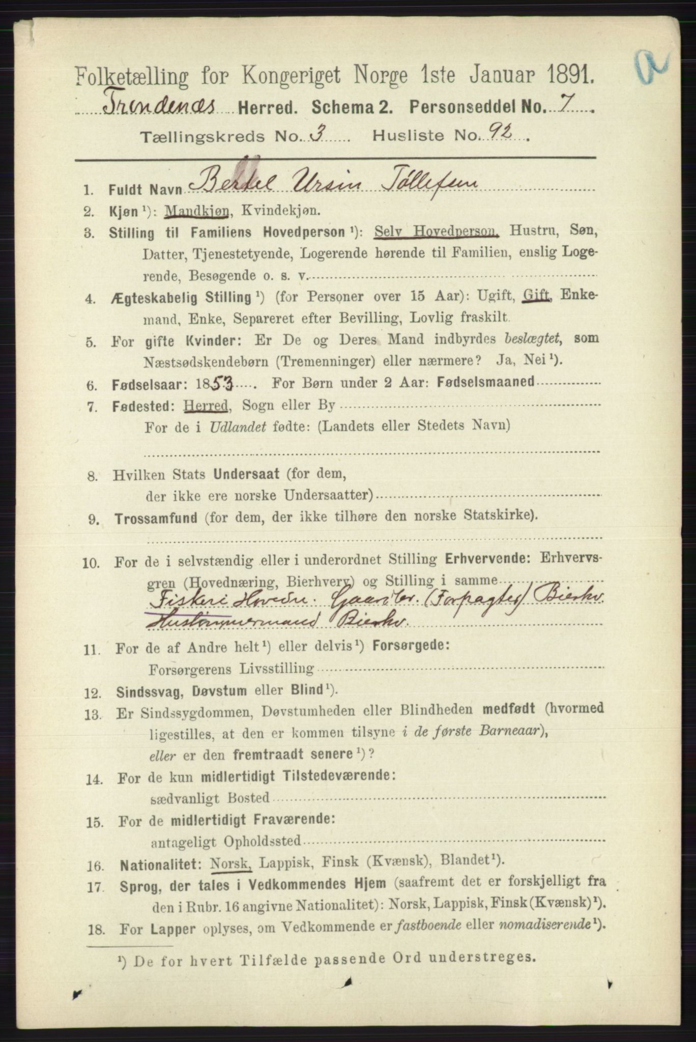 RA, 1891 census for 1914 Trondenes, 1891, p. 1809