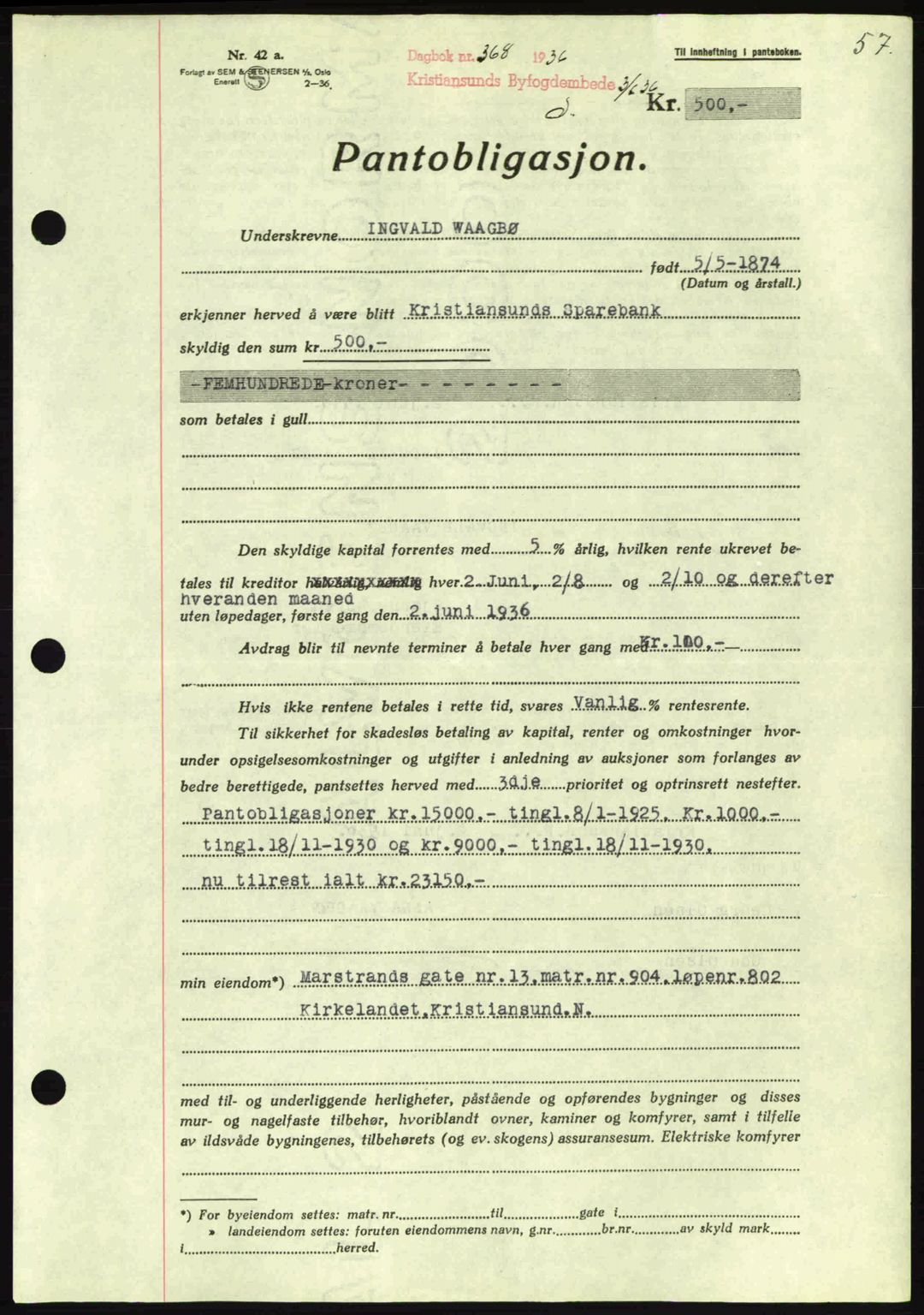 Kristiansund byfogd, AV/SAT-A-4587/A/27: Mortgage book no. 29, 1936-1937, Diary no: : 368/1936