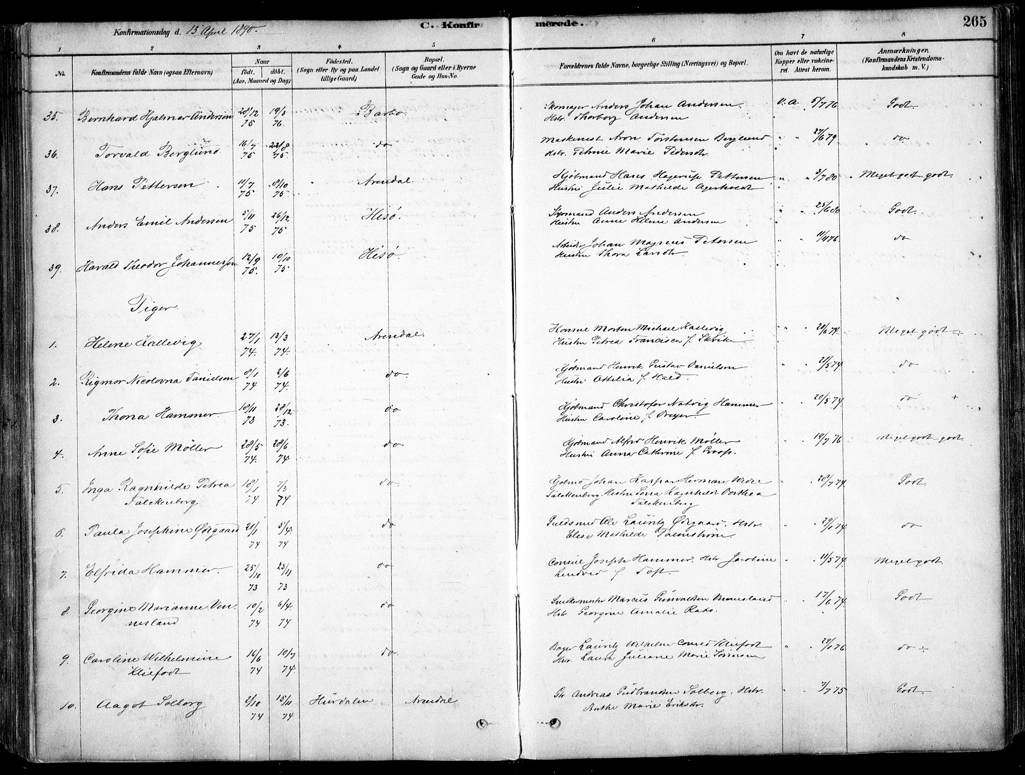 Arendal sokneprestkontor, Trefoldighet, AV/SAK-1111-0040/F/Fa/L0008: Parish register (official) no. A 8, 1878-1899, p. 265