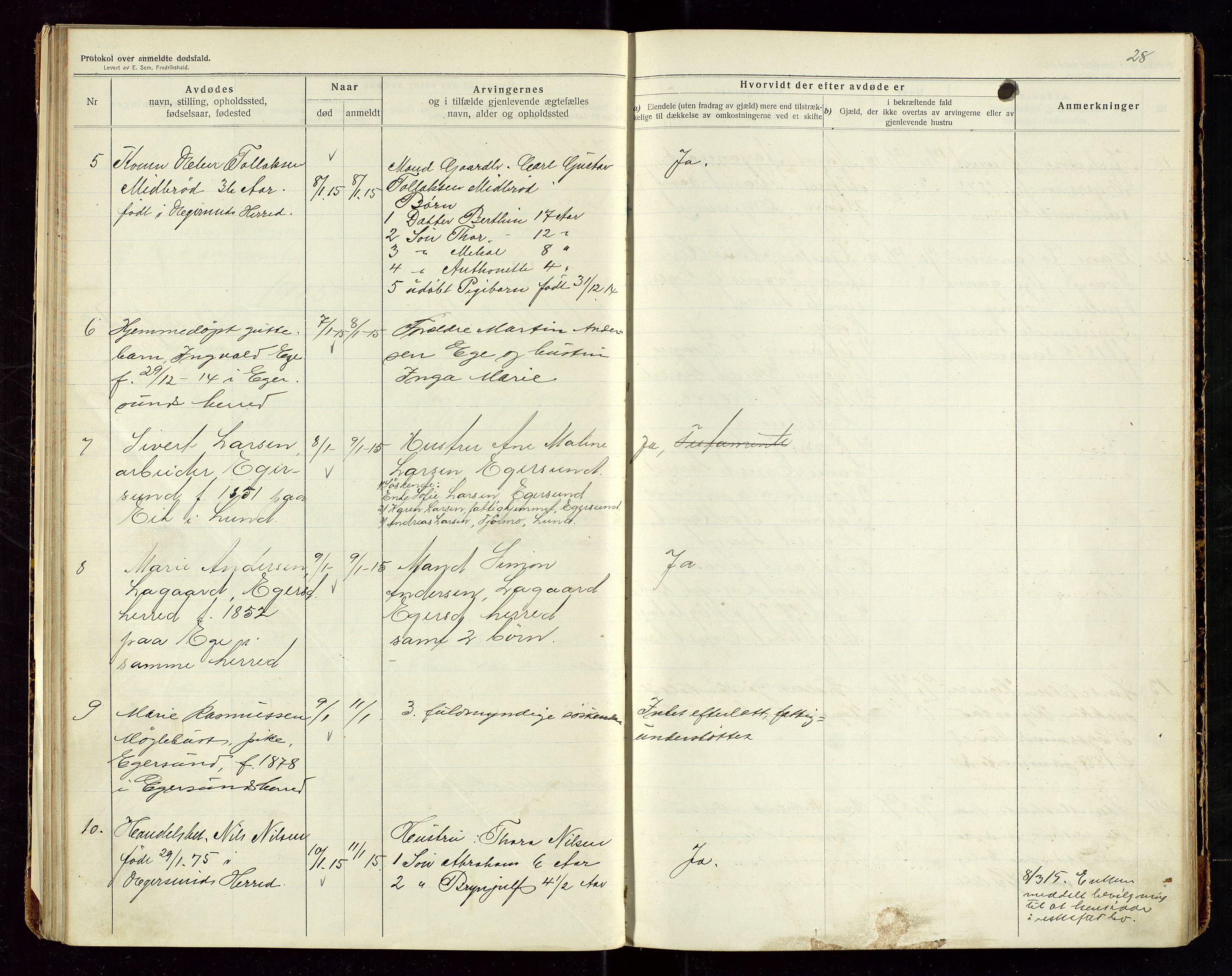 Eigersund lensmannskontor, SAST/A-100171/Gga/L0006: "Protokol over anmeldte dødsfald" m/alfabetisk navneregister, 1914-1917, p. 28