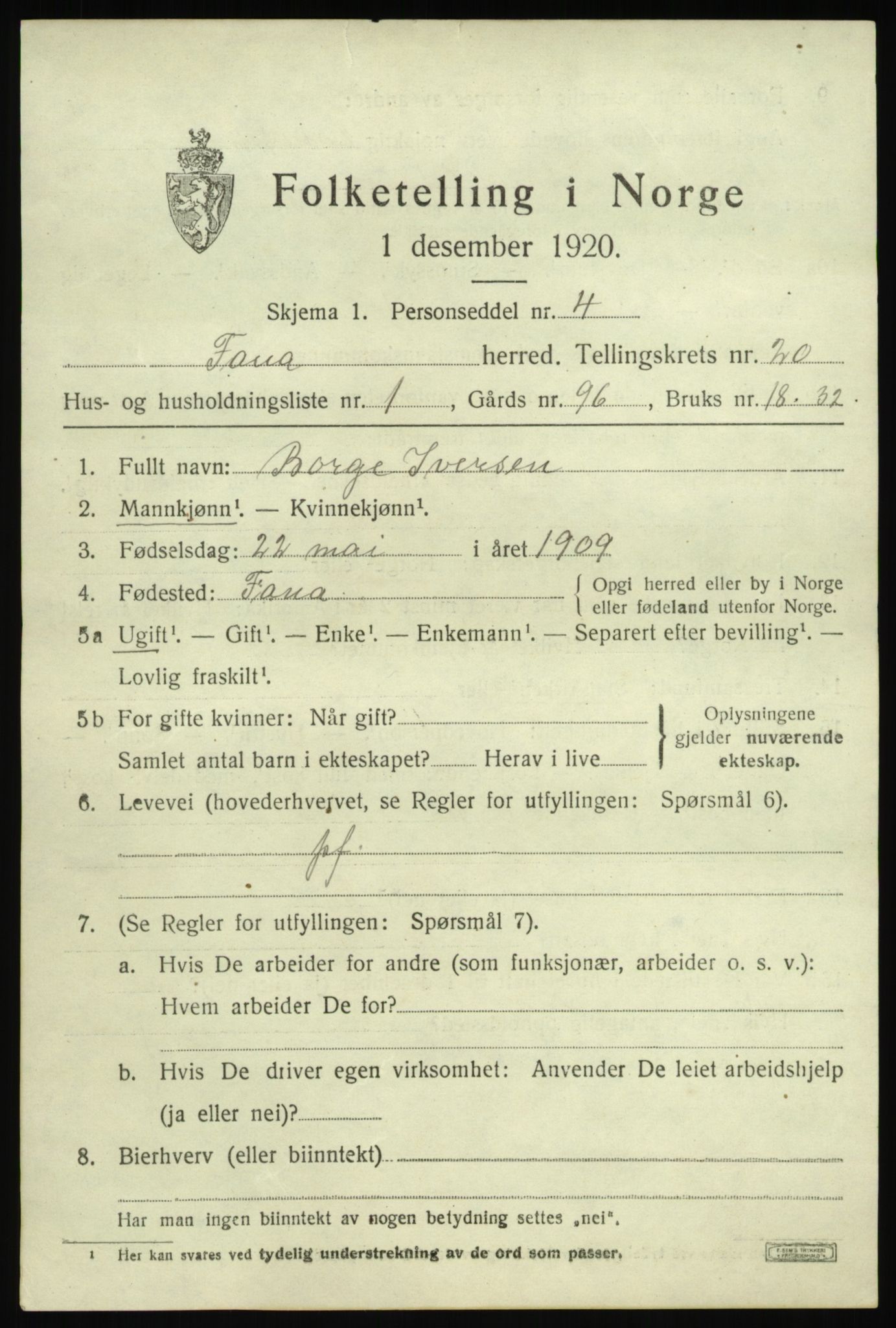 SAB, 1920 census for Fana, 1920, p. 23815