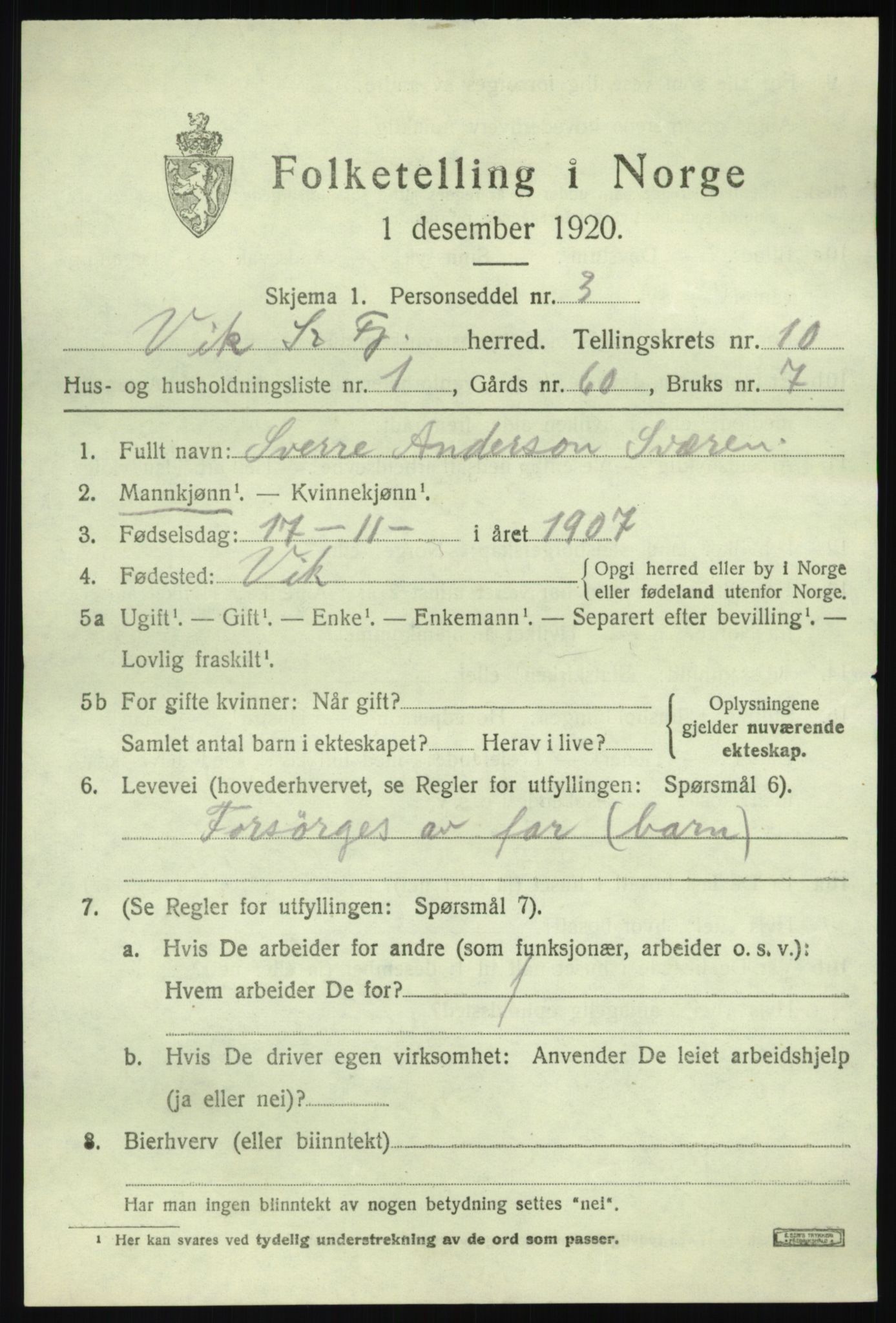 SAB, 1920 census for Vik, 1920, p. 6109