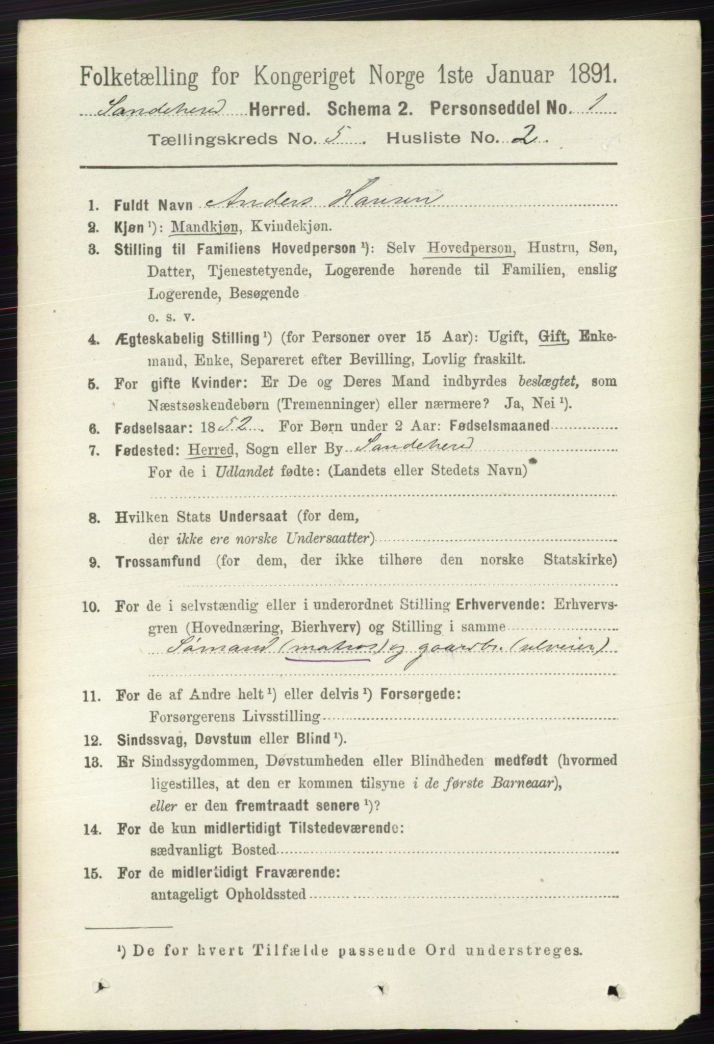 RA, 1891 census for 0724 Sandeherred, 1891, p. 2830