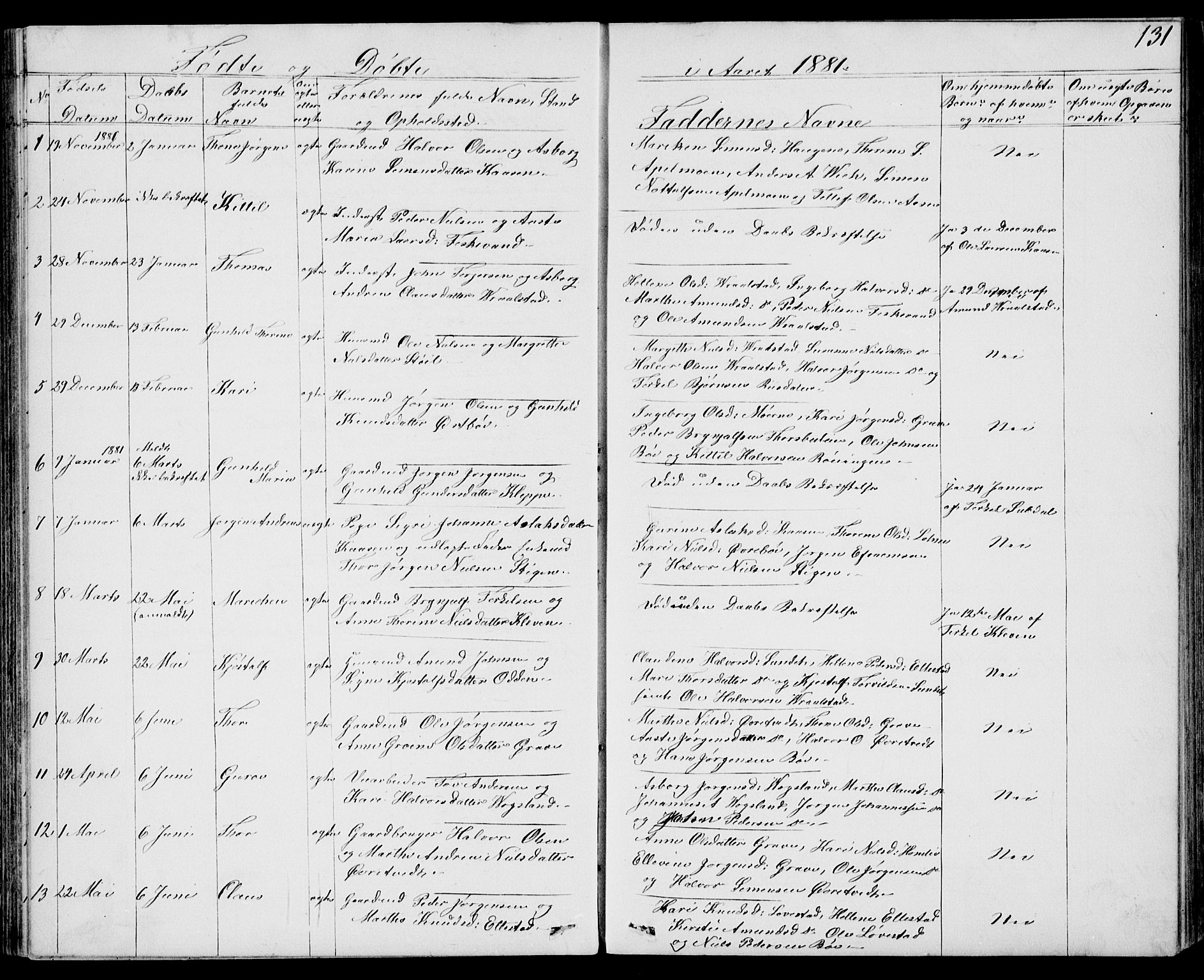 Drangedal kirkebøker, SAKO/A-258/G/Gb/L0001: Parish register (copy) no. II 1, 1856-1894, p. 131