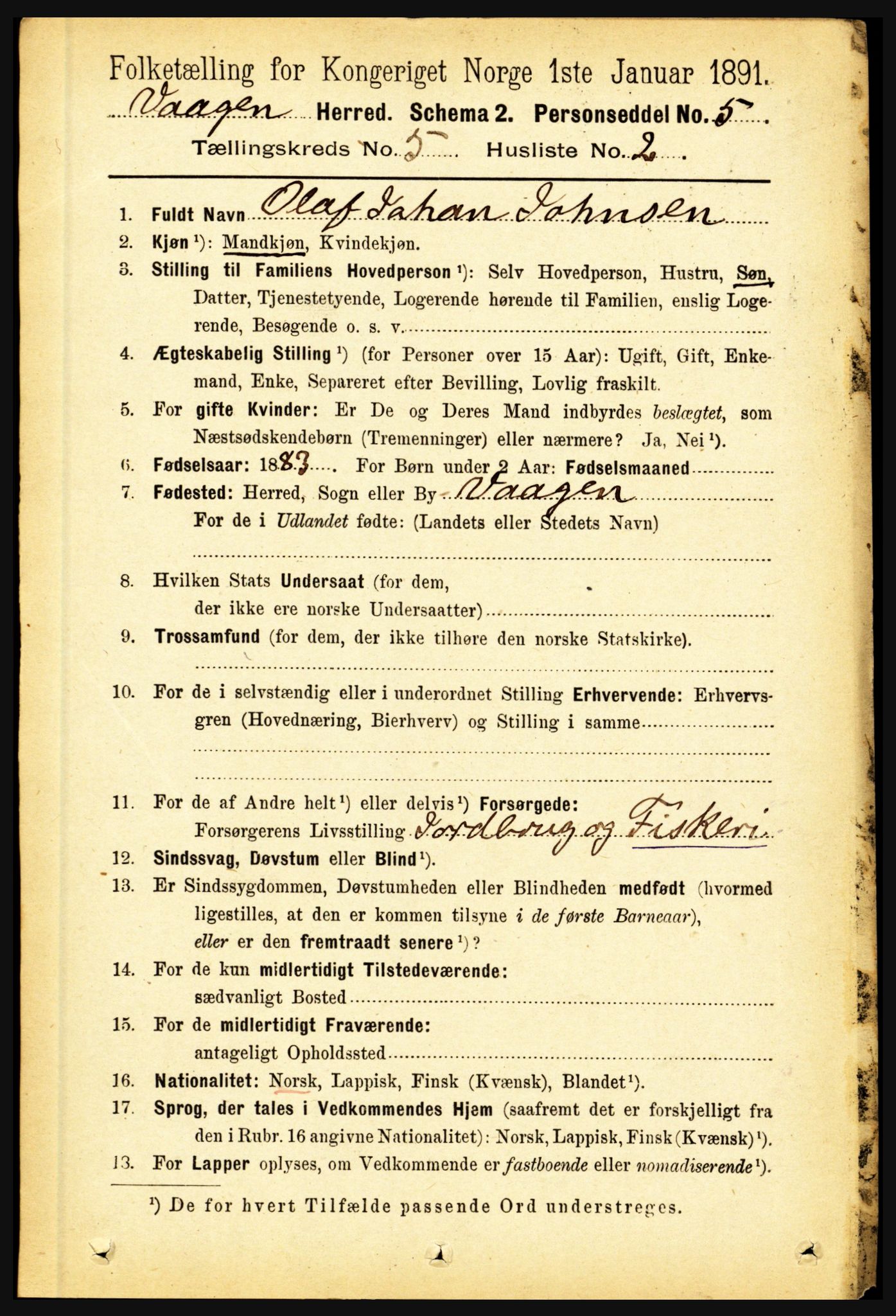 RA, 1891 census for 1865 Vågan, 1891, p. 1584