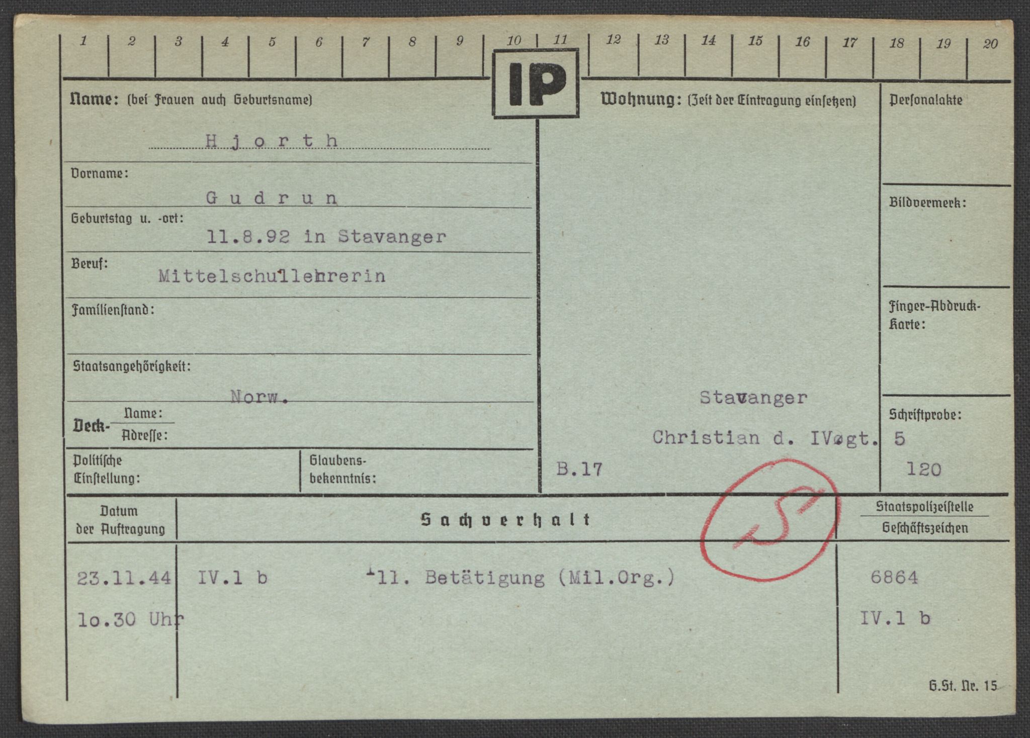 Befehlshaber der Sicherheitspolizei und des SD, AV/RA-RAFA-5969/E/Ea/Eaa/L0004: Register over norske fanger i Møllergata 19: Hal-Hæ, 1940-1945, p. 1145