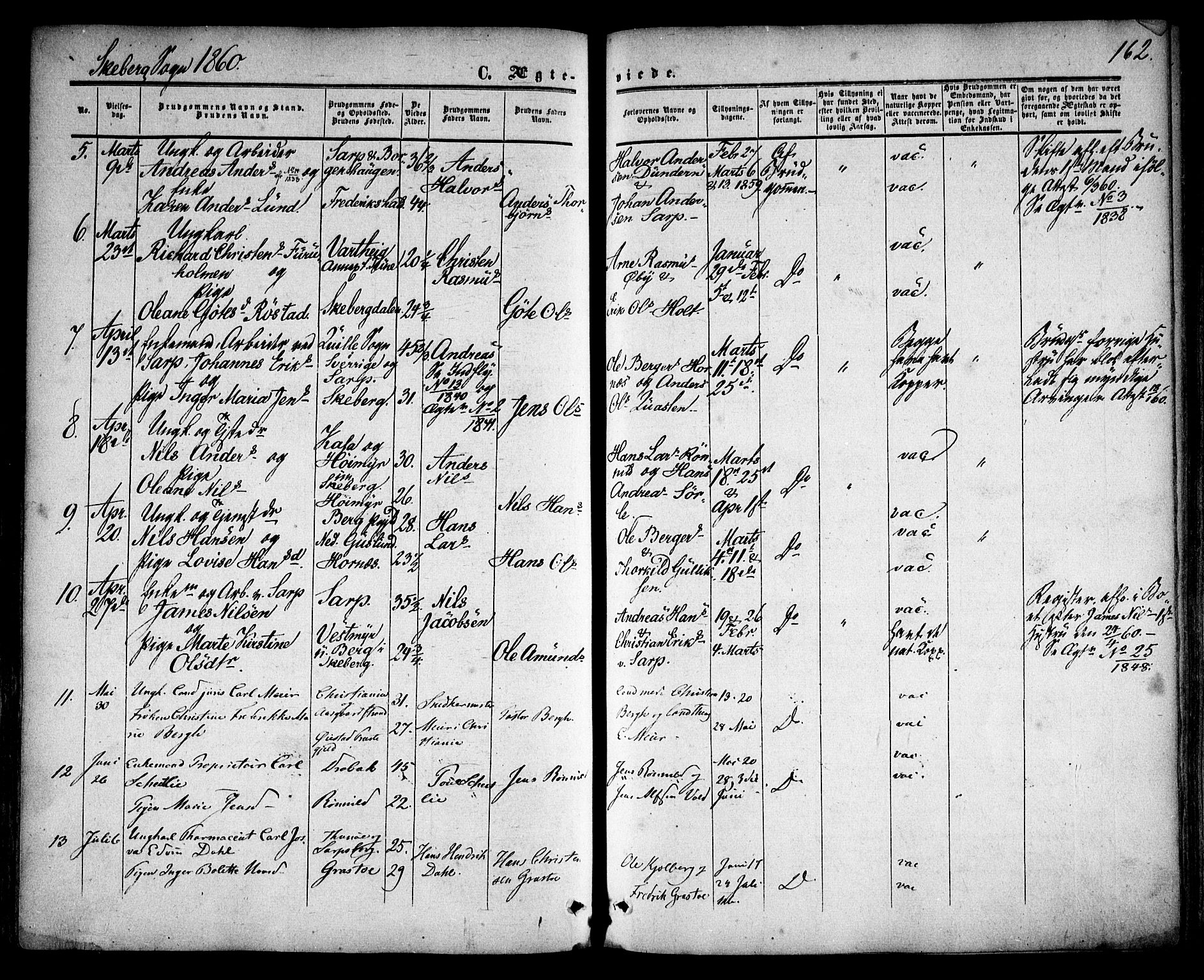 Skjeberg prestekontor Kirkebøker, AV/SAO-A-10923/F/Fa/L0007: Parish register (official) no. I 7, 1859-1868, p. 162