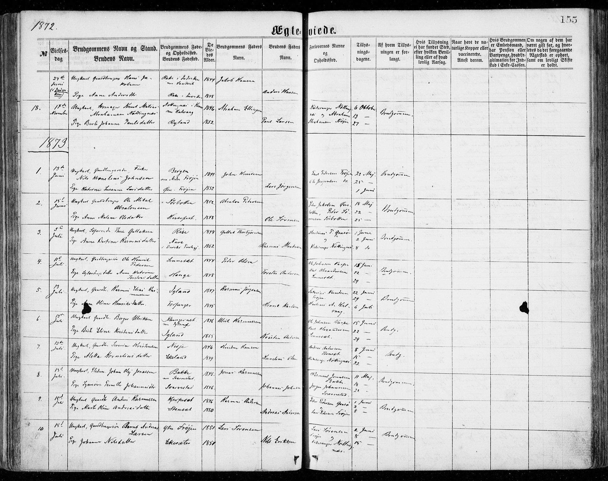 Bremanger sokneprestembete, SAB/A-82201/H/Haa/Haaa/L0001: Parish register (official) no. A  1, 1864-1883, p. 155