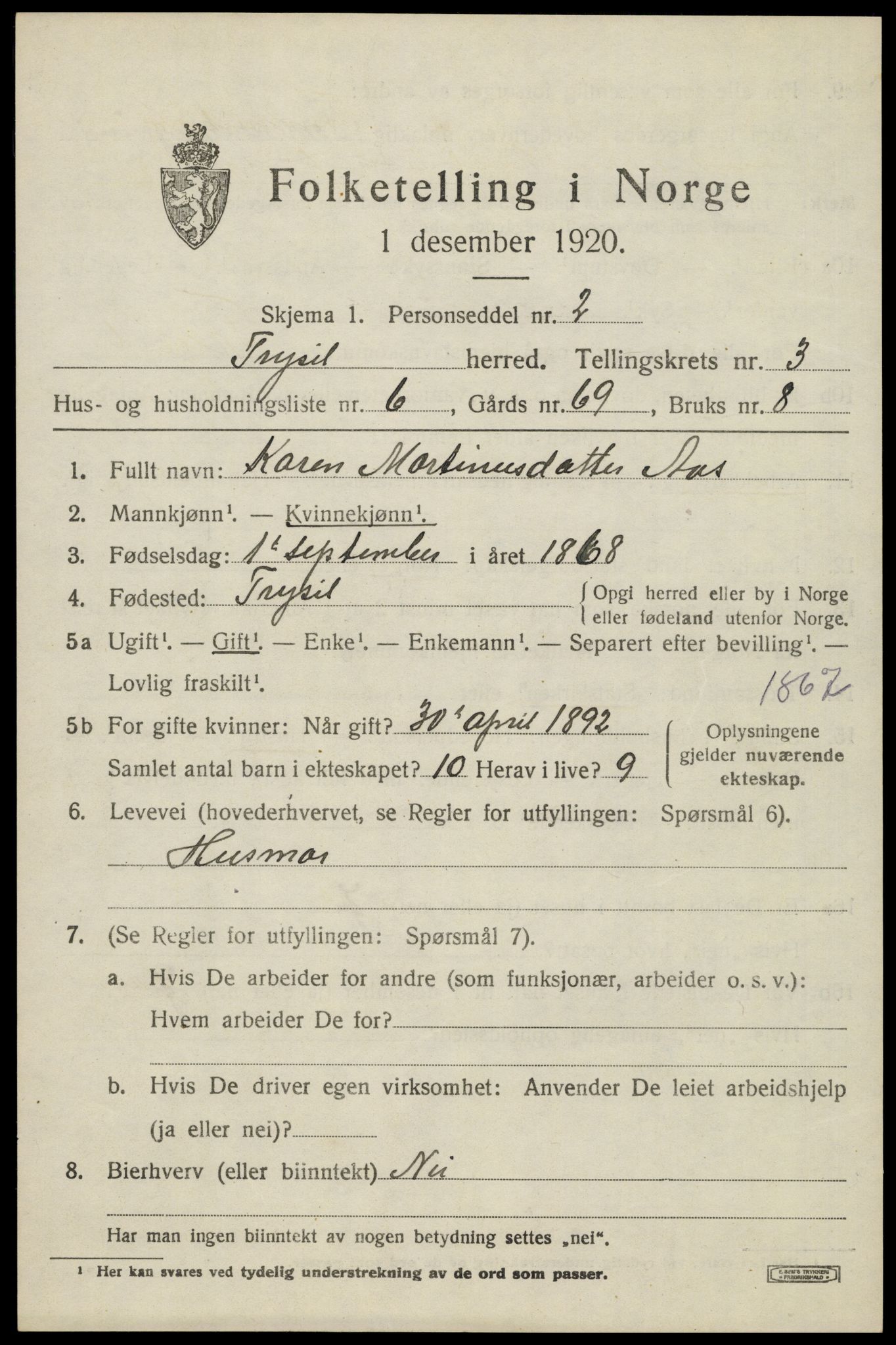 SAH, 1920 census for Trysil, 1920, p. 3545