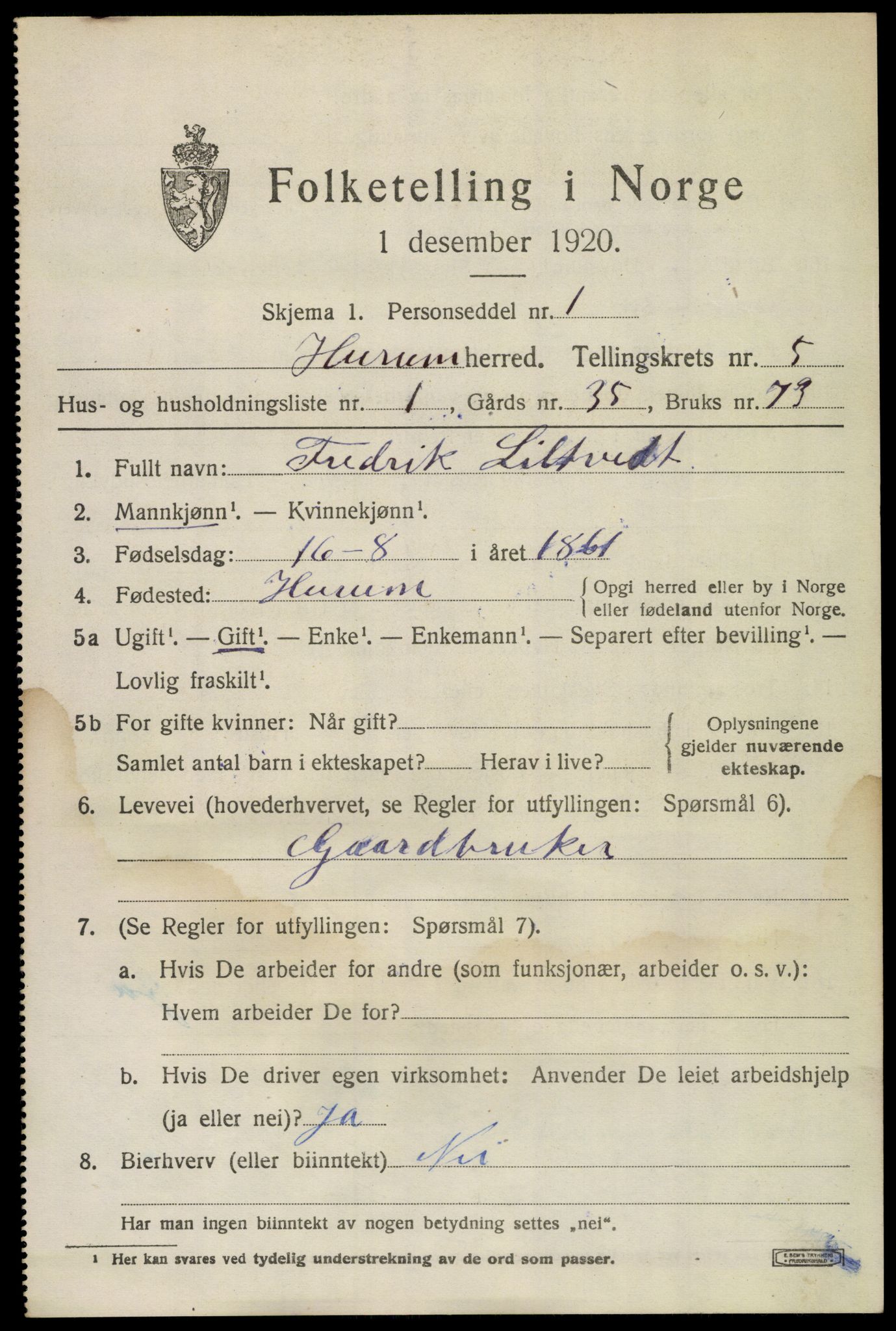 SAKO, 1920 census for Hurum, 1920, p. 6096