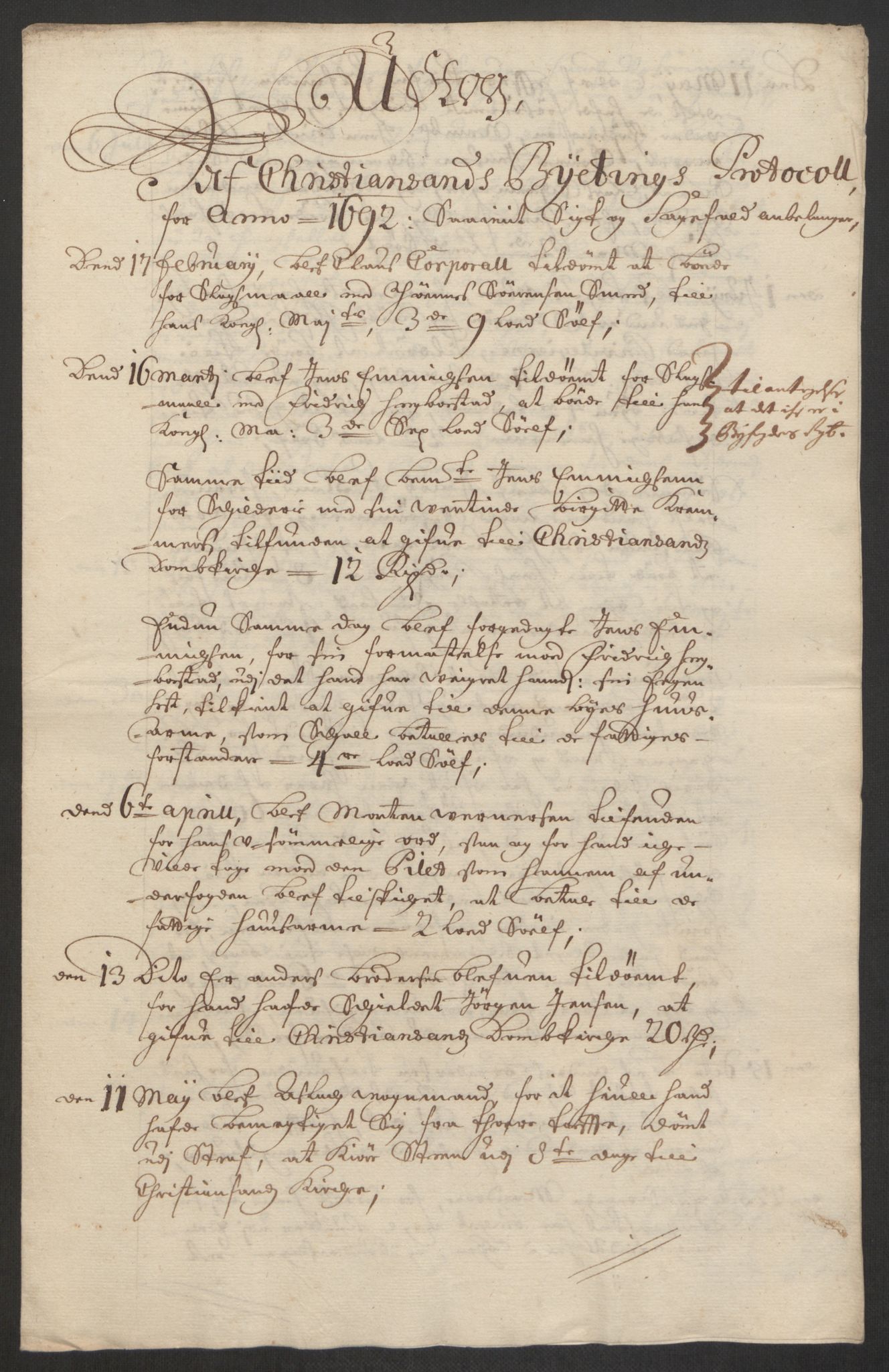 Rentekammeret inntil 1814, Reviderte regnskaper, Byregnskaper, RA/EA-4066/R/Rm/L0285: [M18] Sikt og sakefall, 1681-1718, p. 172