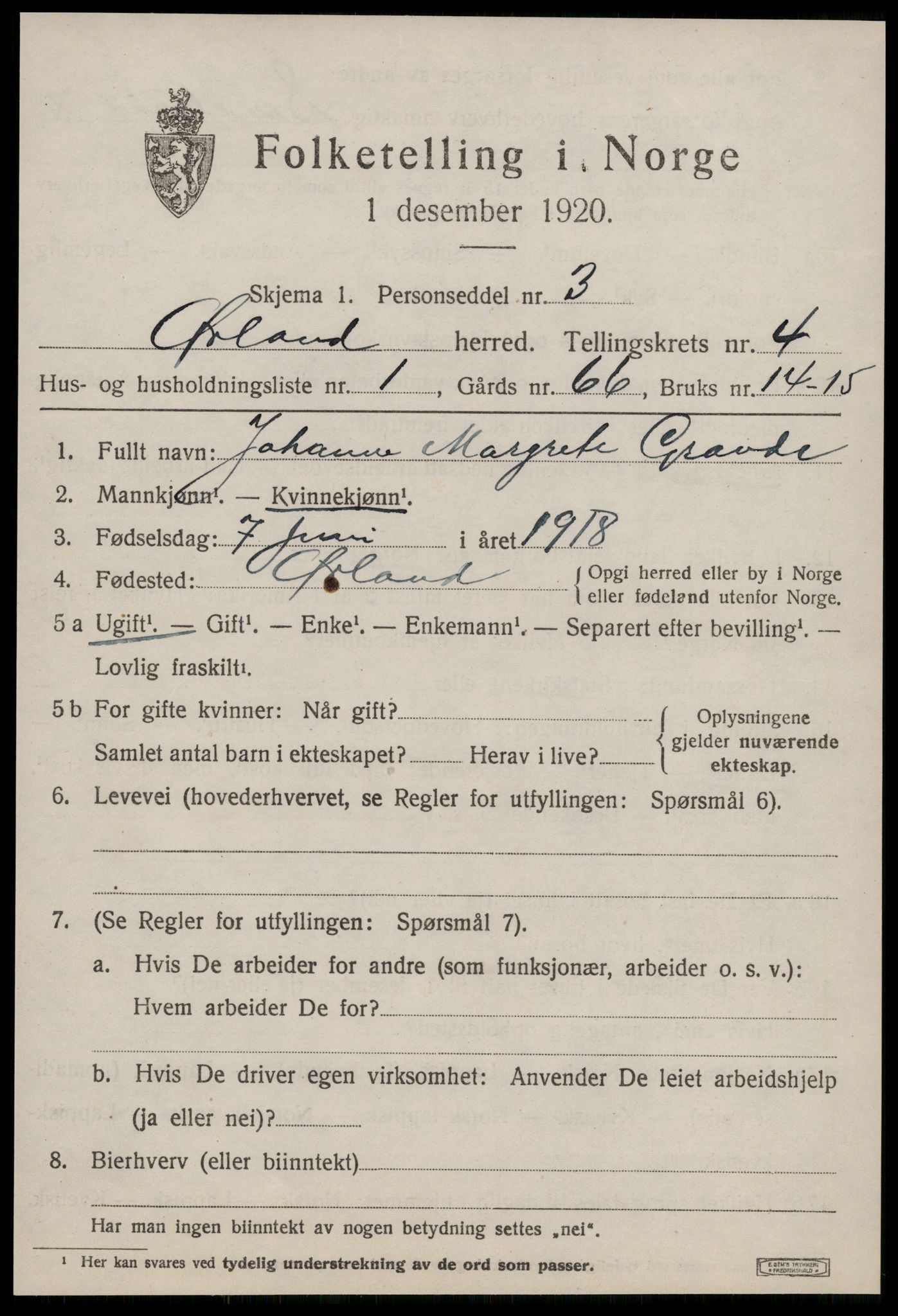 SAT, 1920 census for Ørland, 1920, p. 3395