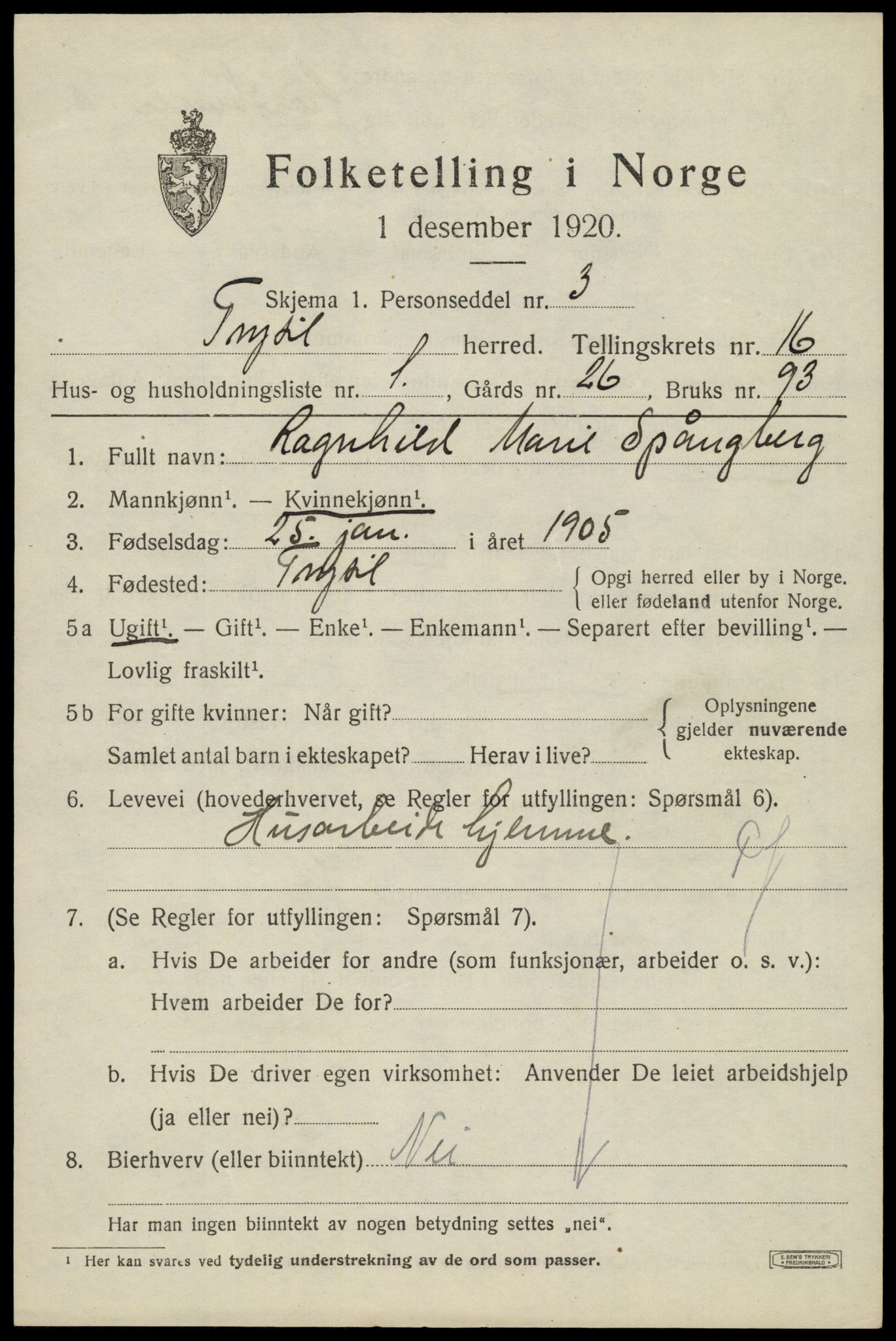 SAH, 1920 census for Trysil, 1920, p. 9425