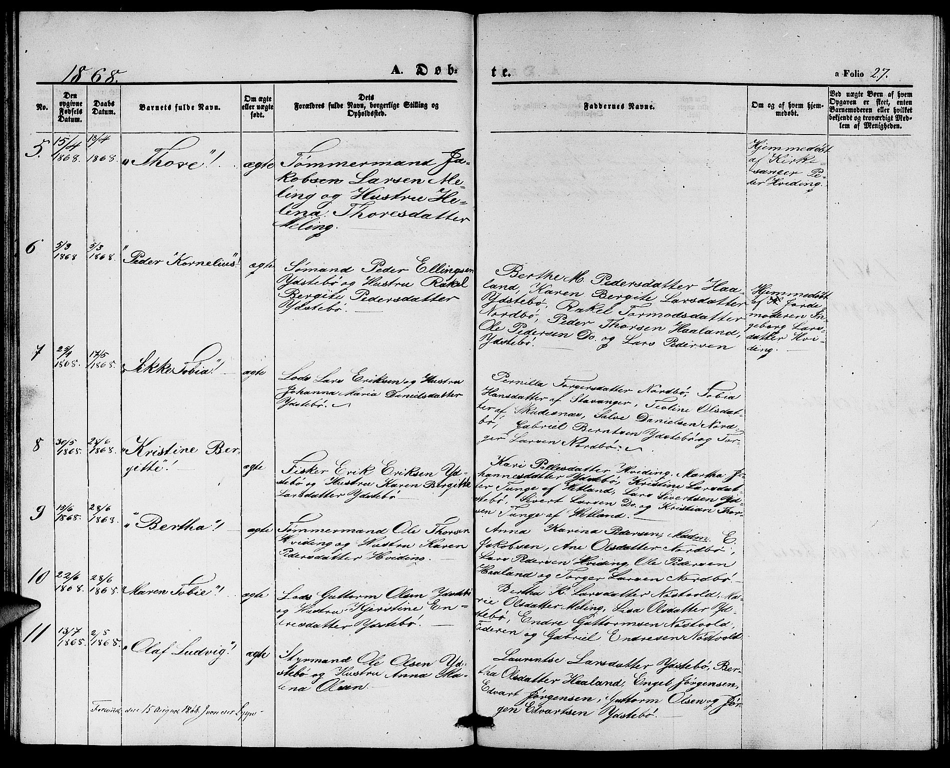 Rennesøy sokneprestkontor, SAST/A -101827/H/Ha/Hab/L0003: Parish register (copy) no. B 3, 1855-1888, p. 27