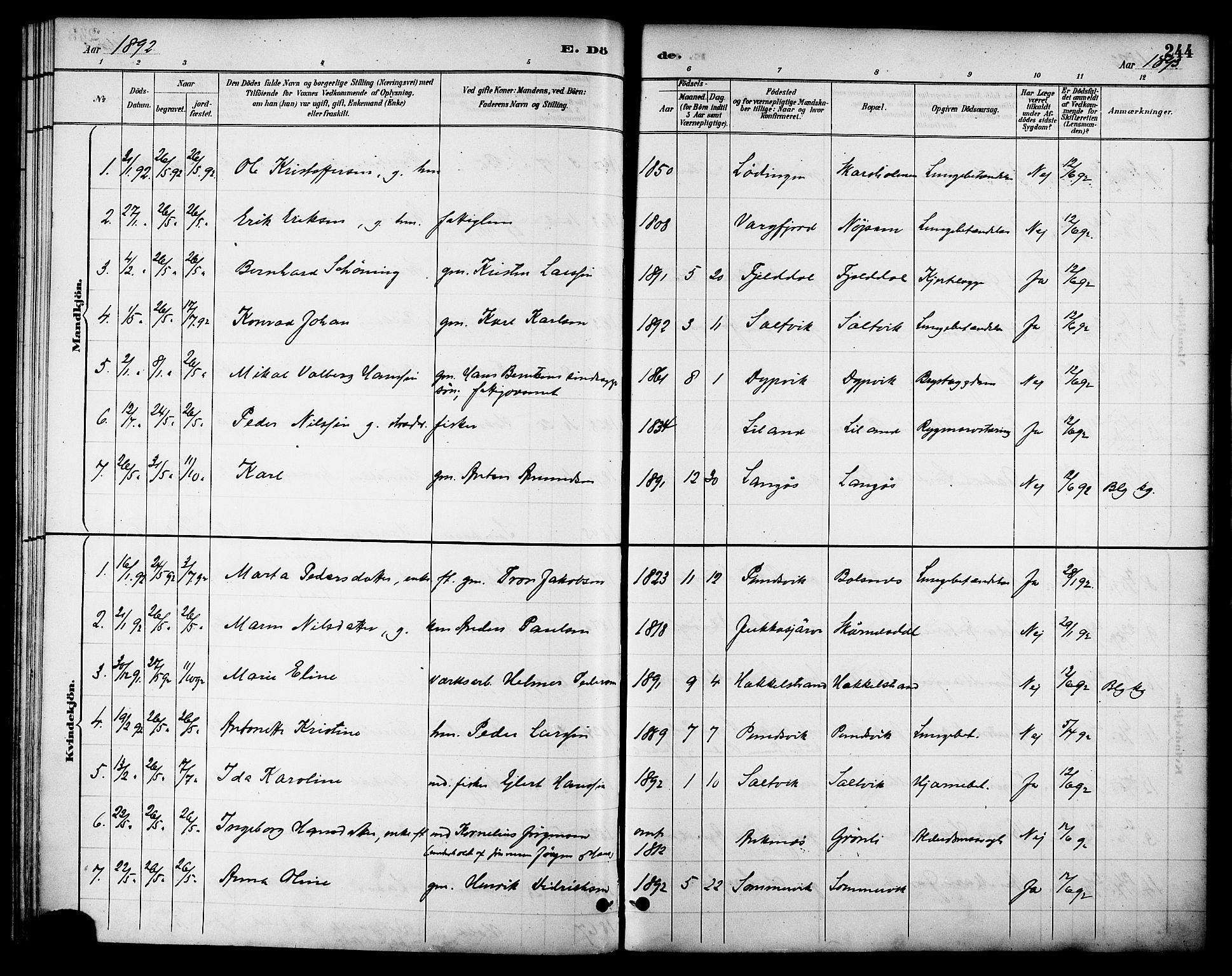 Ministerialprotokoller, klokkerbøker og fødselsregistre - Nordland, AV/SAT-A-1459/863/L0898: Parish register (official) no. 863A10, 1886-1897, p. 244