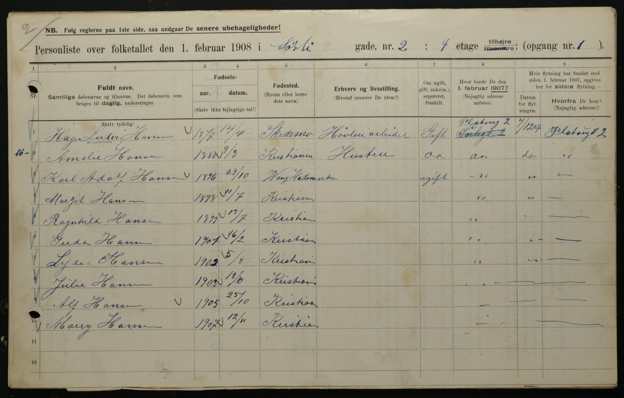 OBA, Municipal Census 1908 for Kristiania, 1908, p. 95649