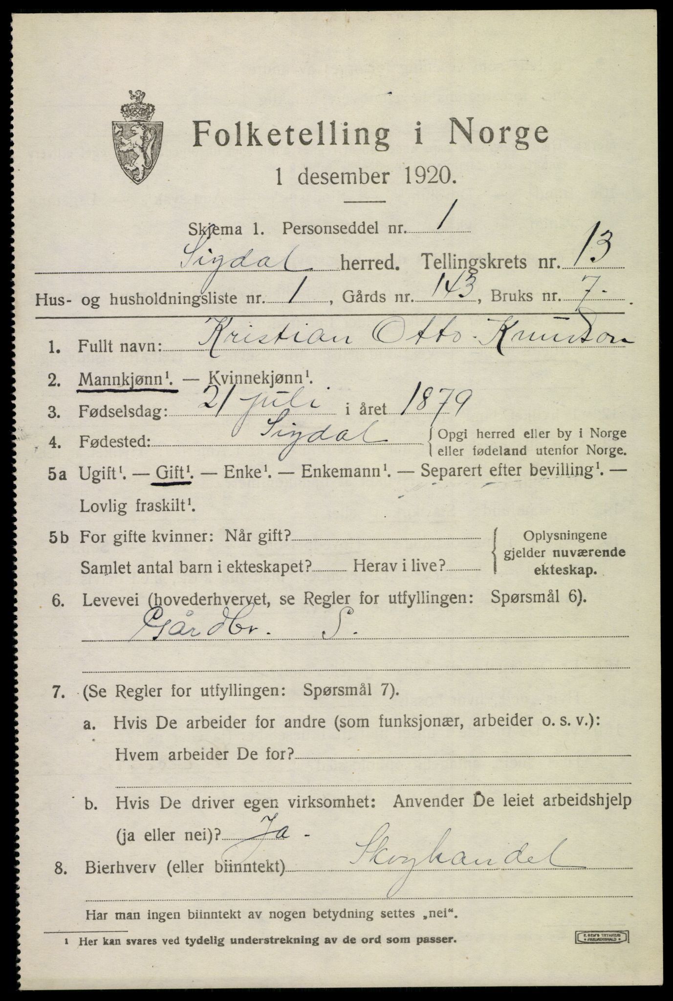 SAKO, 1920 census for Sigdal, 1920, p. 8064