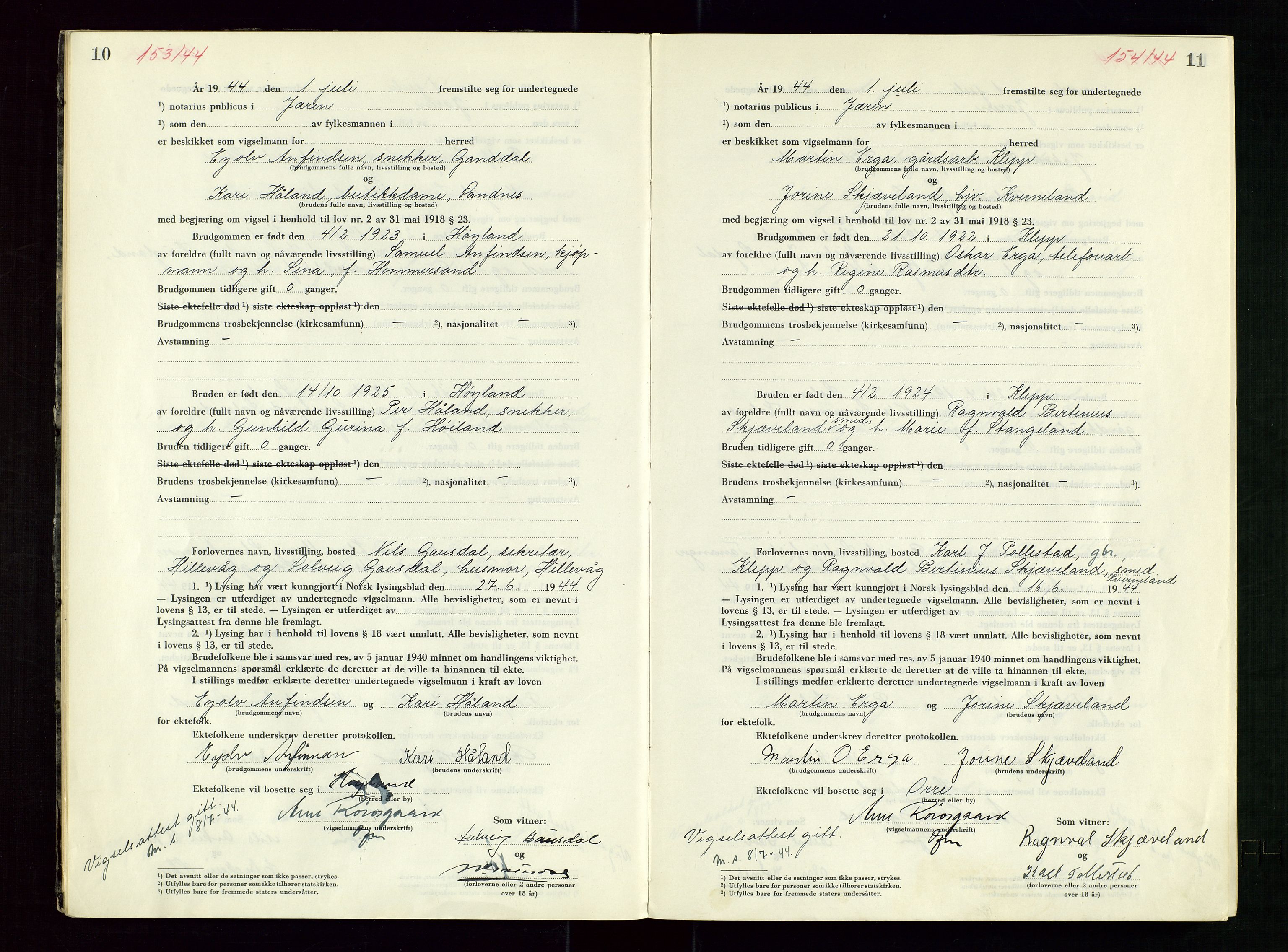 Jæren sorenskriveri, AV/SAST-A-100310/01/6/62/62BA/L0007: VIGSELSPROTOKOLL, 1944, p. 10-11