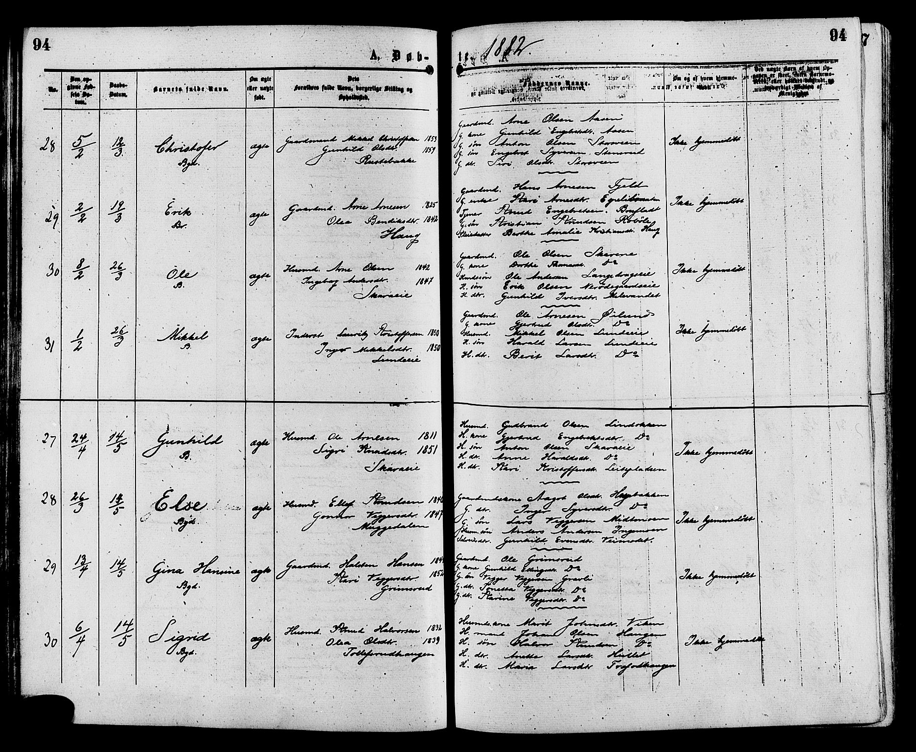 Sør-Aurdal prestekontor, AV/SAH-PREST-128/H/Ha/Haa/L0008: Parish register (official) no. 8, 1877-1885, p. 94