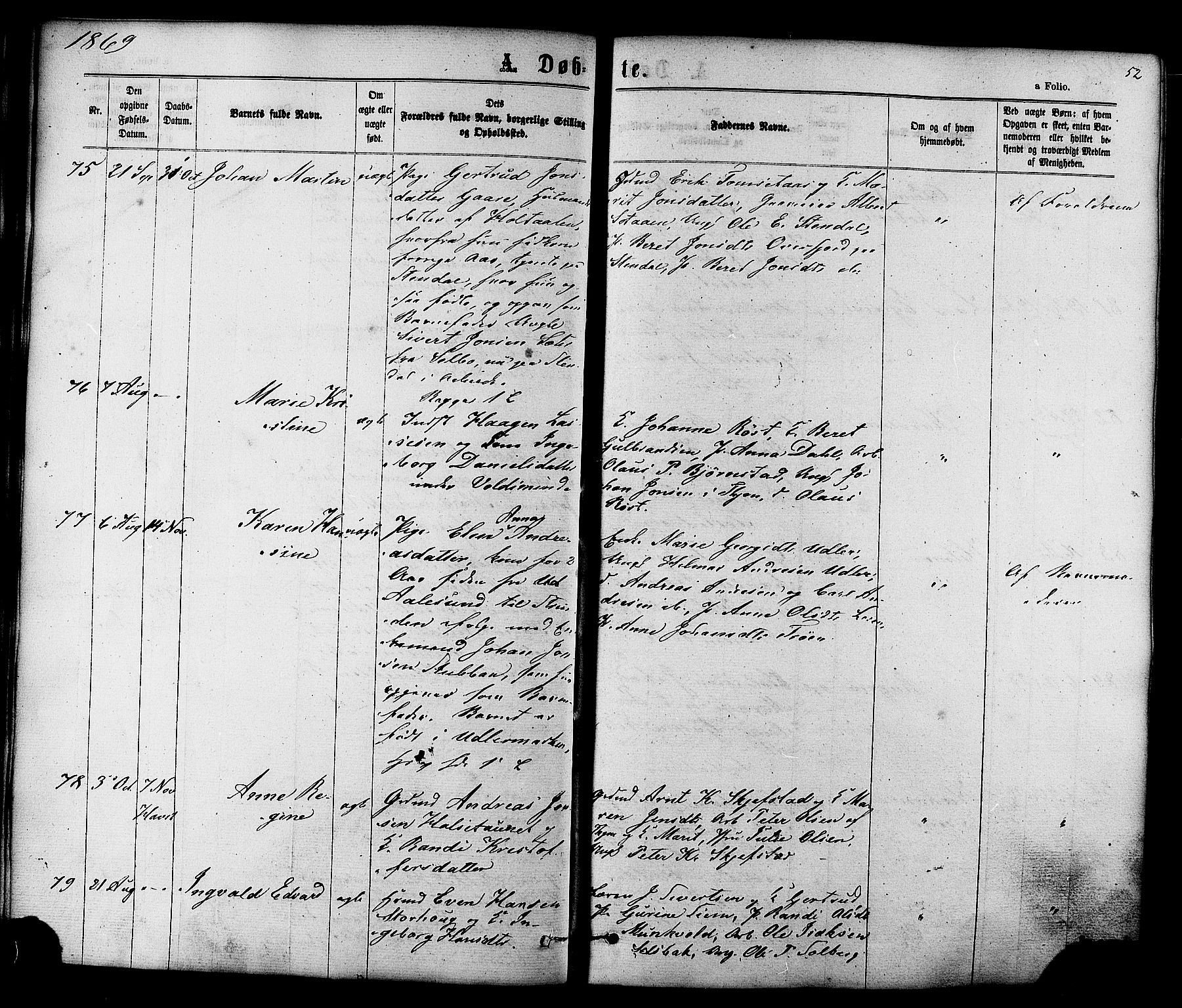 Ministerialprotokoller, klokkerbøker og fødselsregistre - Sør-Trøndelag, AV/SAT-A-1456/606/L0293: Parish register (official) no. 606A08, 1866-1877, p. 52