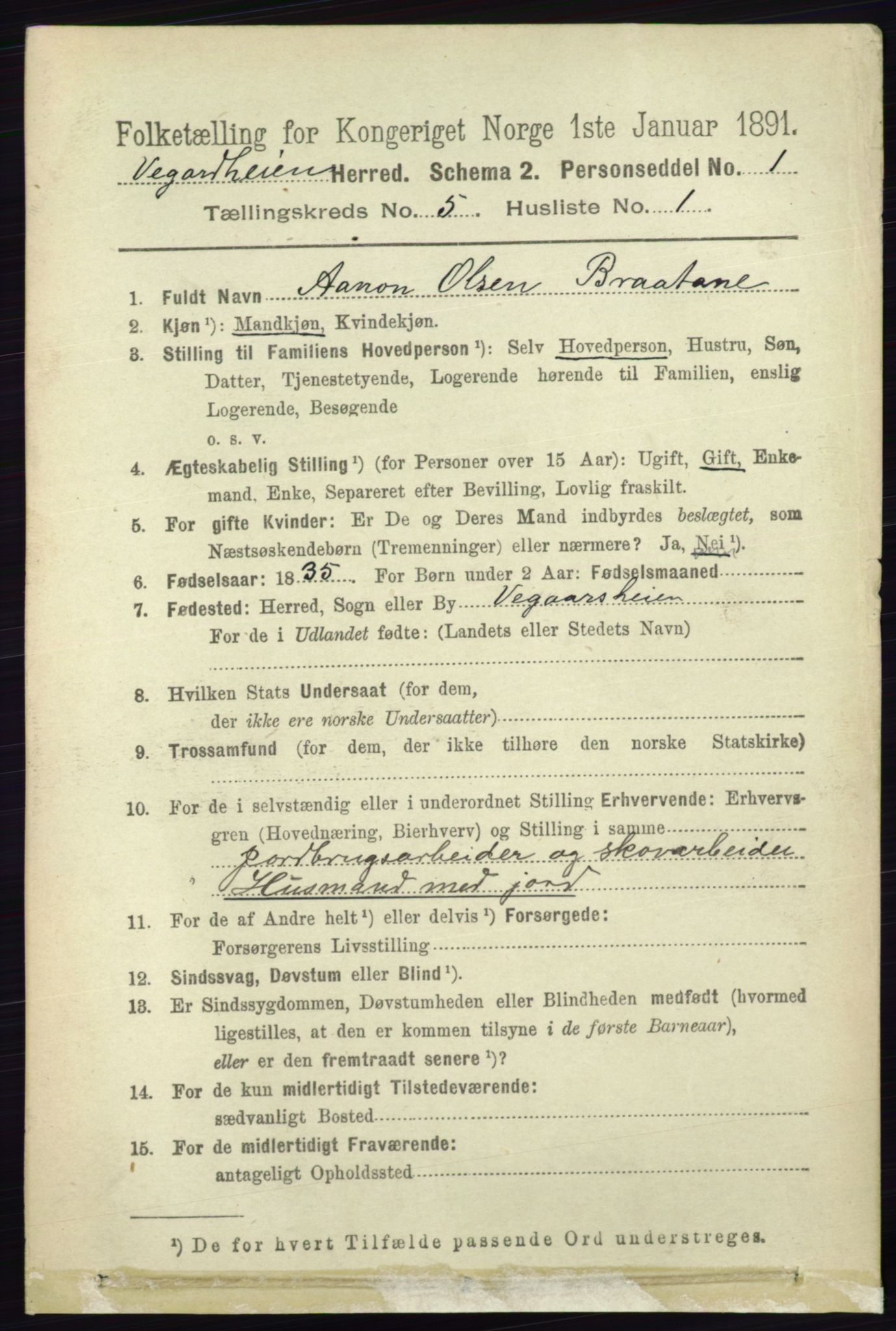 RA, 1891 census for 0912 Vegårshei, 1891, p. 969