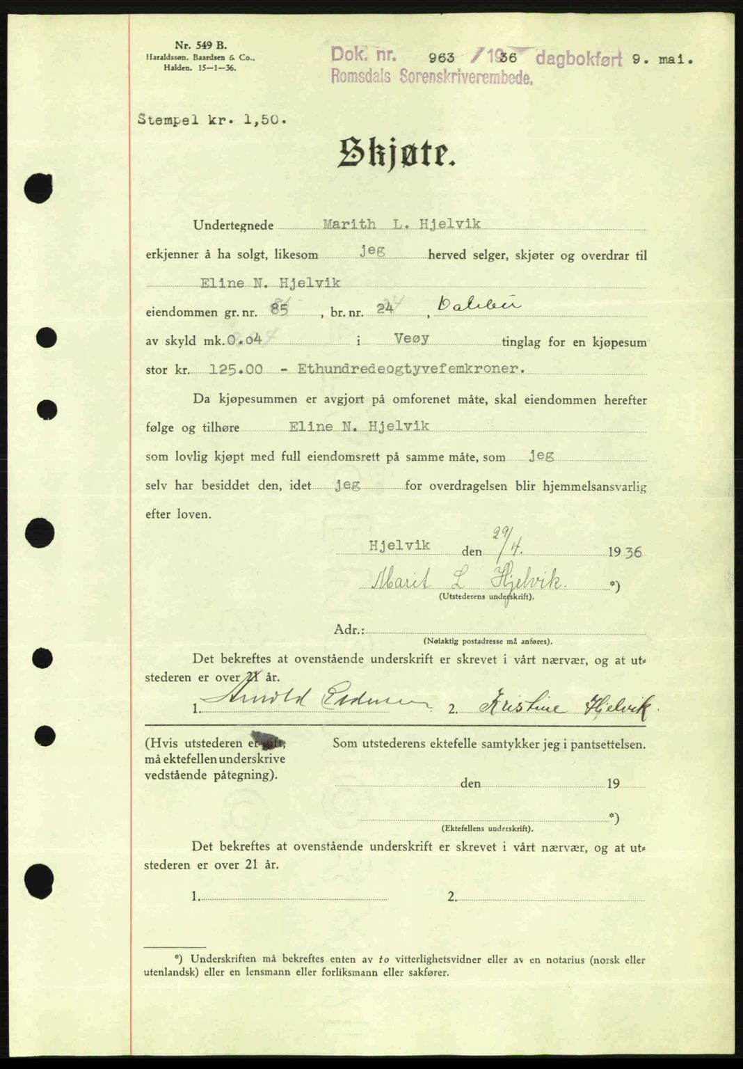 Romsdal sorenskriveri, AV/SAT-A-4149/1/2/2C: Mortgage book no. A1, 1936-1936, Diary no: : 963/1936