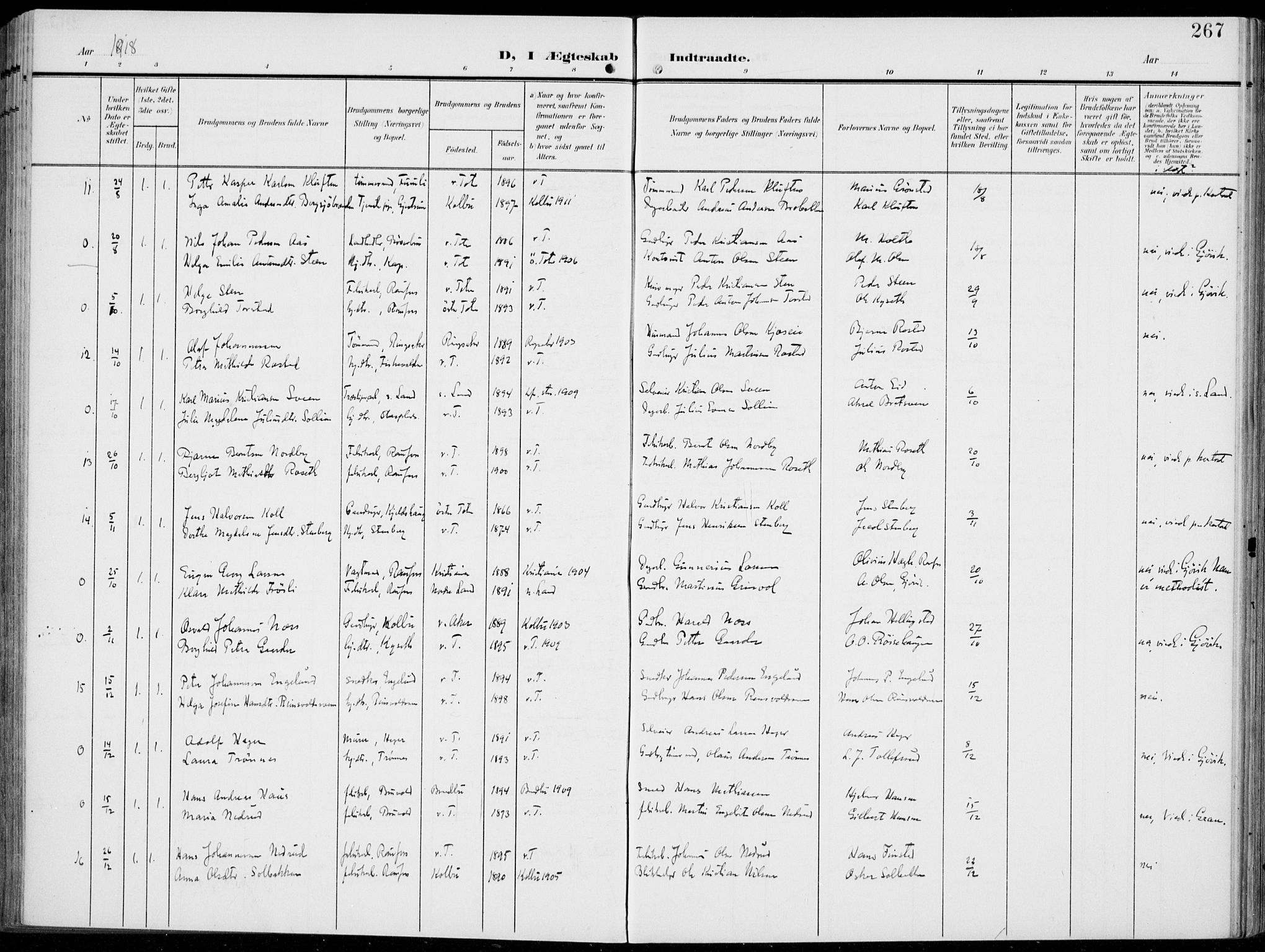 Vestre Toten prestekontor, AV/SAH-PREST-108/H/Ha/Haa/L0014: Parish register (official) no. 14, 1907-1920, p. 267