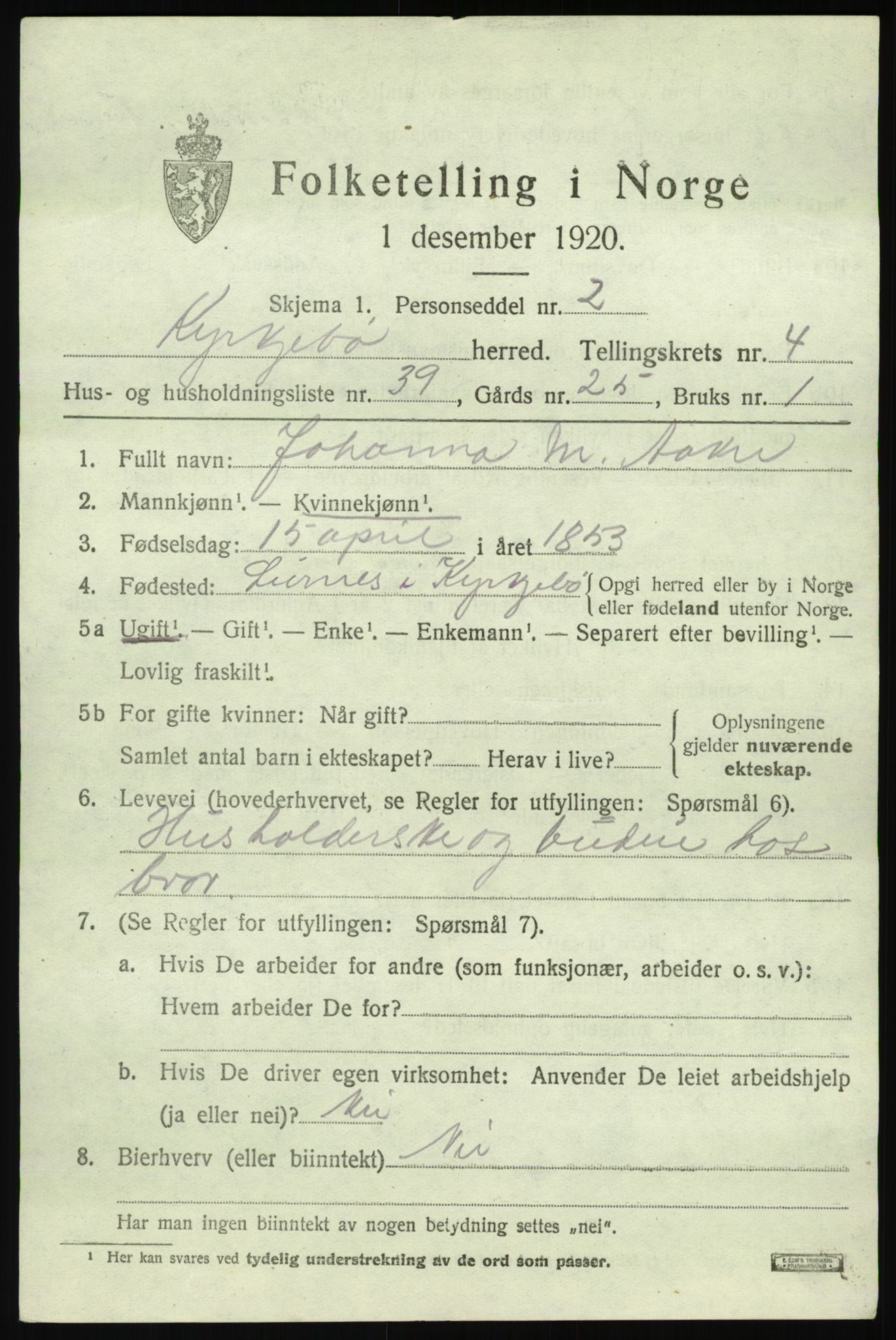 SAB, 1920 census for Kyrkjebø, 1920, p. 1781