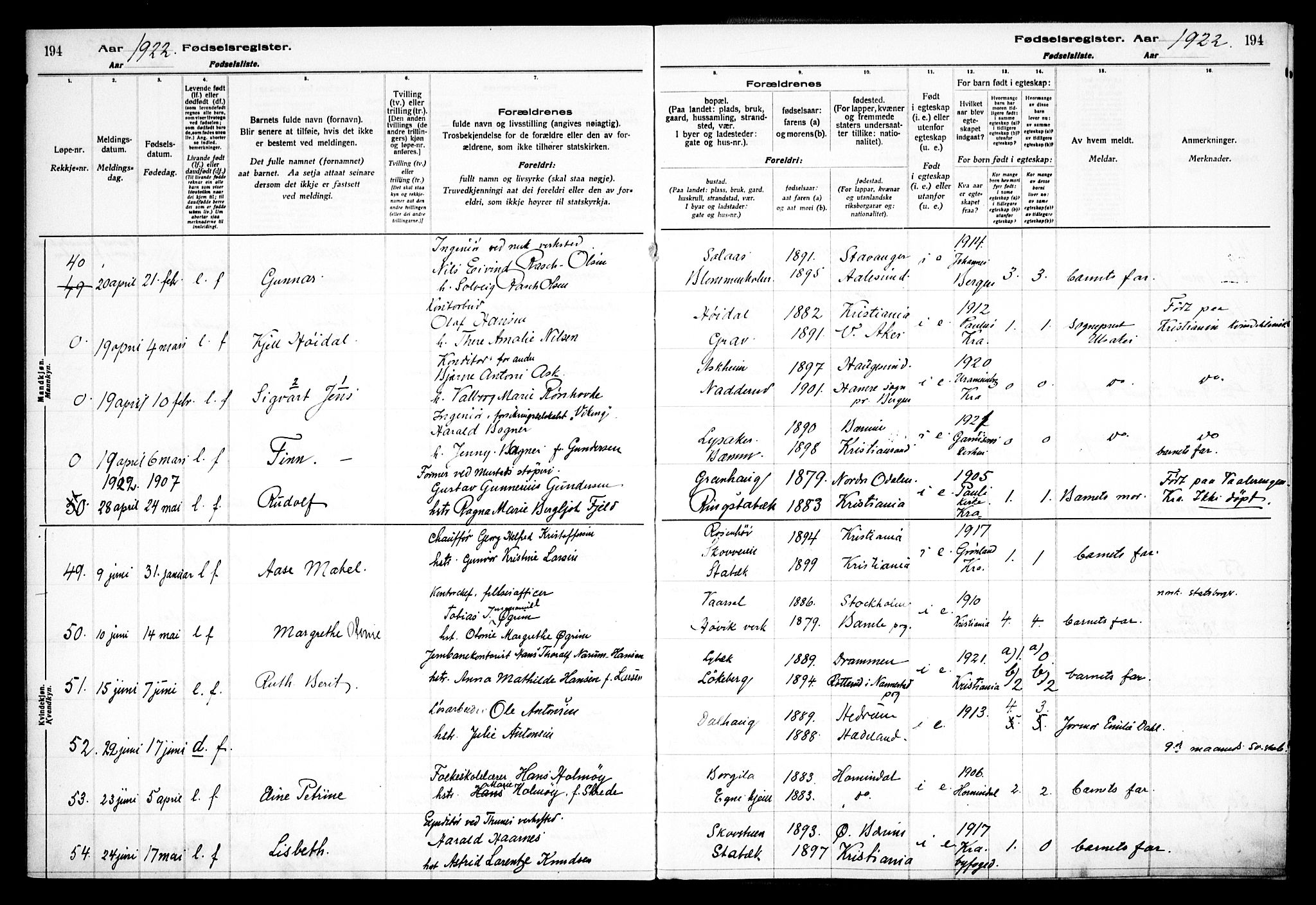 Østre Bærum prestekontor Kirkebøker, AV/SAO-A-10887/J/Ja/L0001: Birth register no. 1, 1916-1922, p. 194