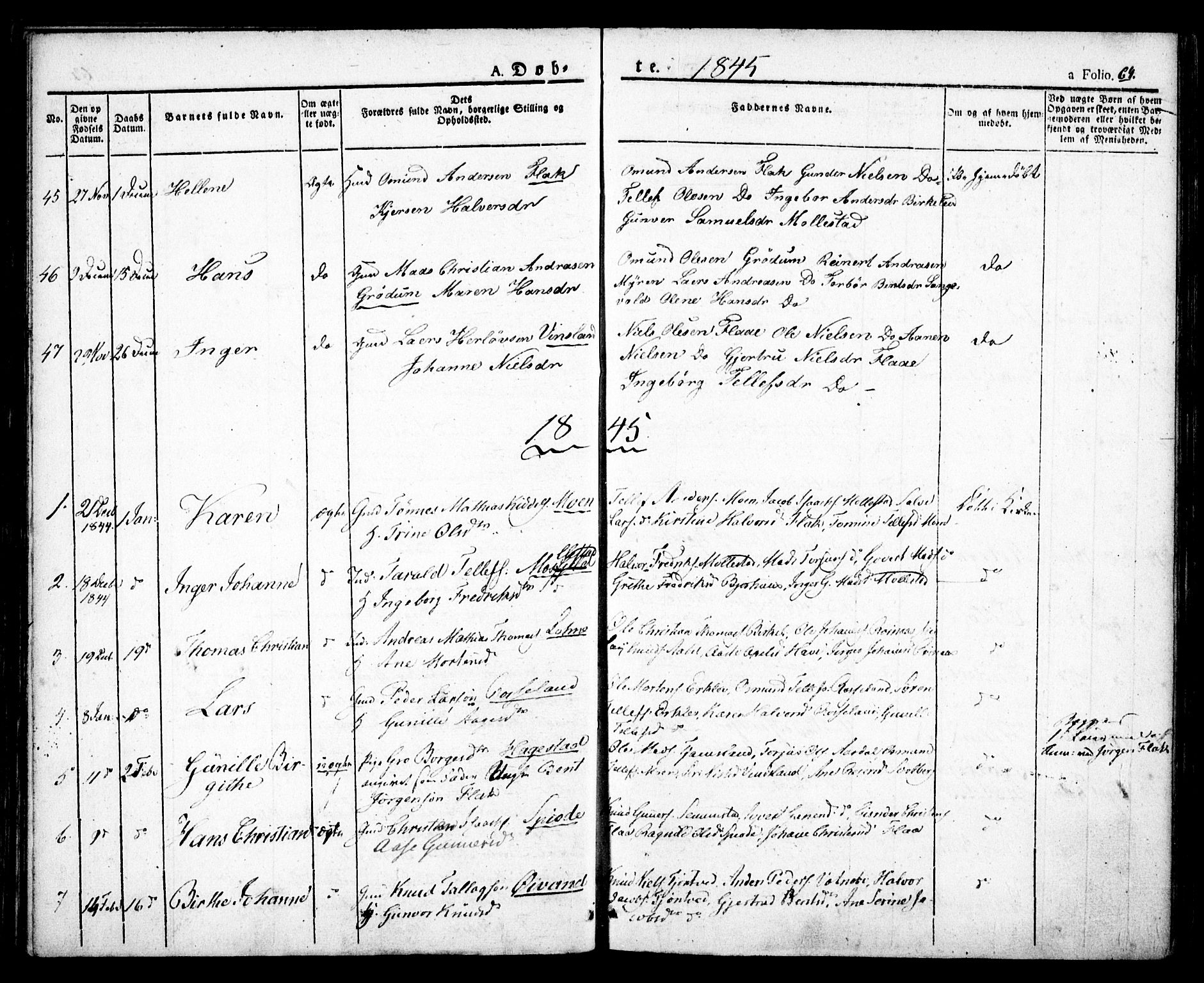 Birkenes sokneprestkontor, SAK/1111-0004/F/Fa/L0001: Parish register (official) no. A 1, 1829-1849, p. 64