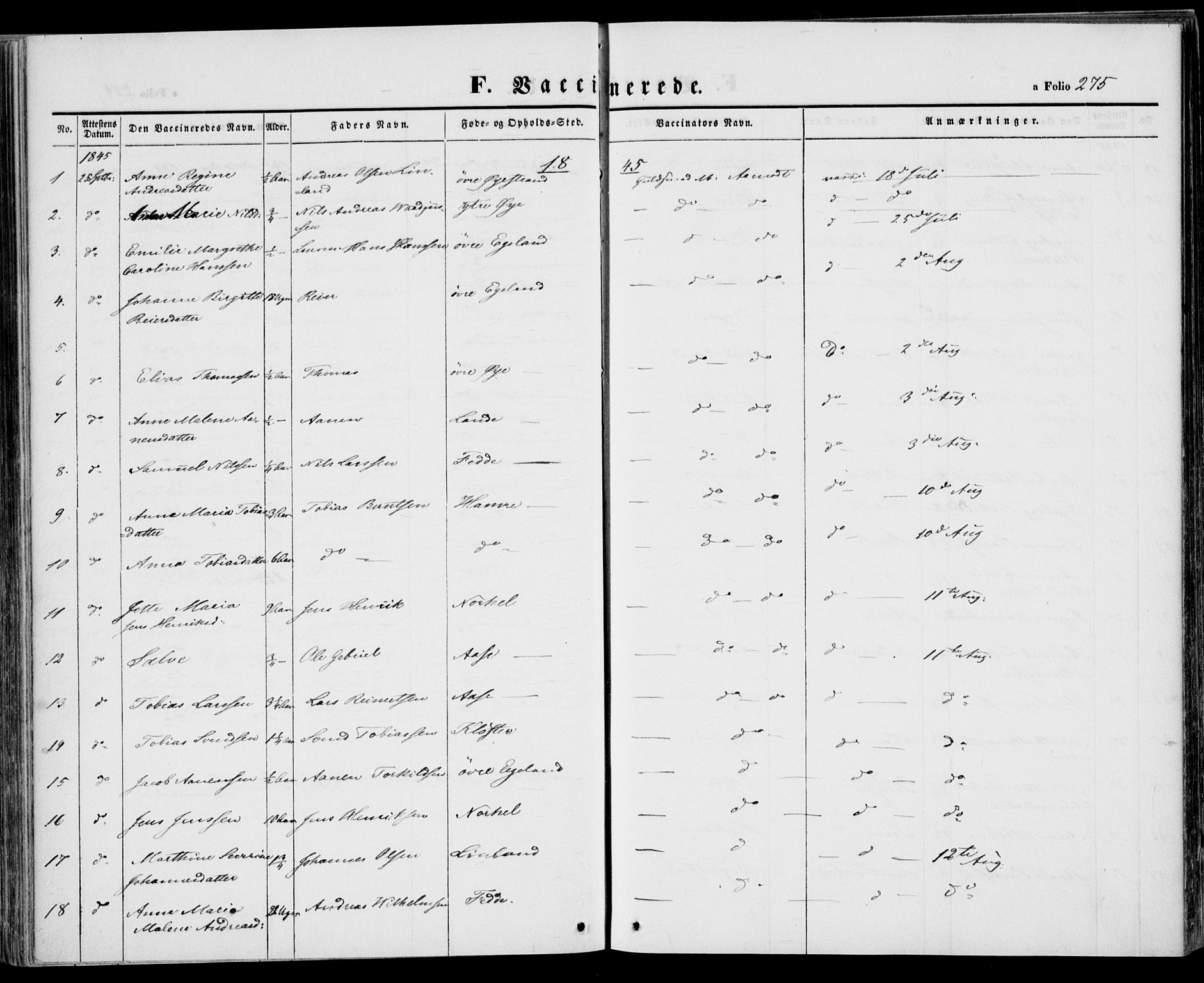 Kvinesdal sokneprestkontor, SAK/1111-0026/F/Fa/Fab/L0005: Parish register (official) no. A 5, 1844-1857, p. 275