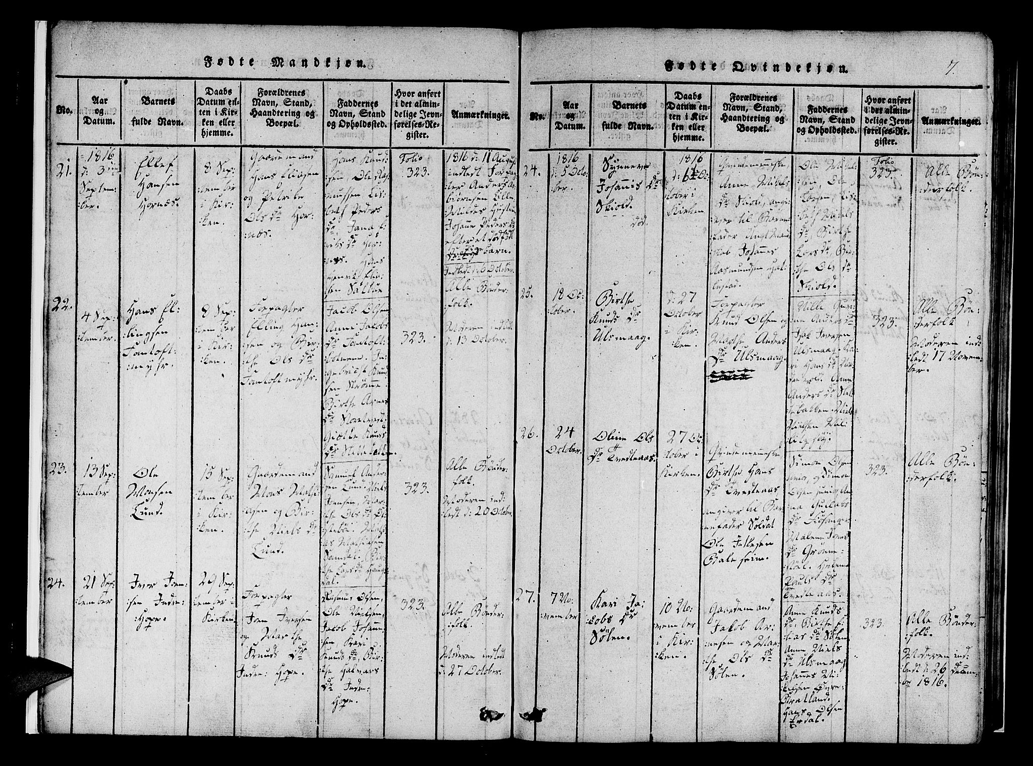 Fana Sokneprestembete, AV/SAB-A-75101/H/Haa/Haaa/L0007: Parish register (official) no. A 7, 1816-1828, p. 7