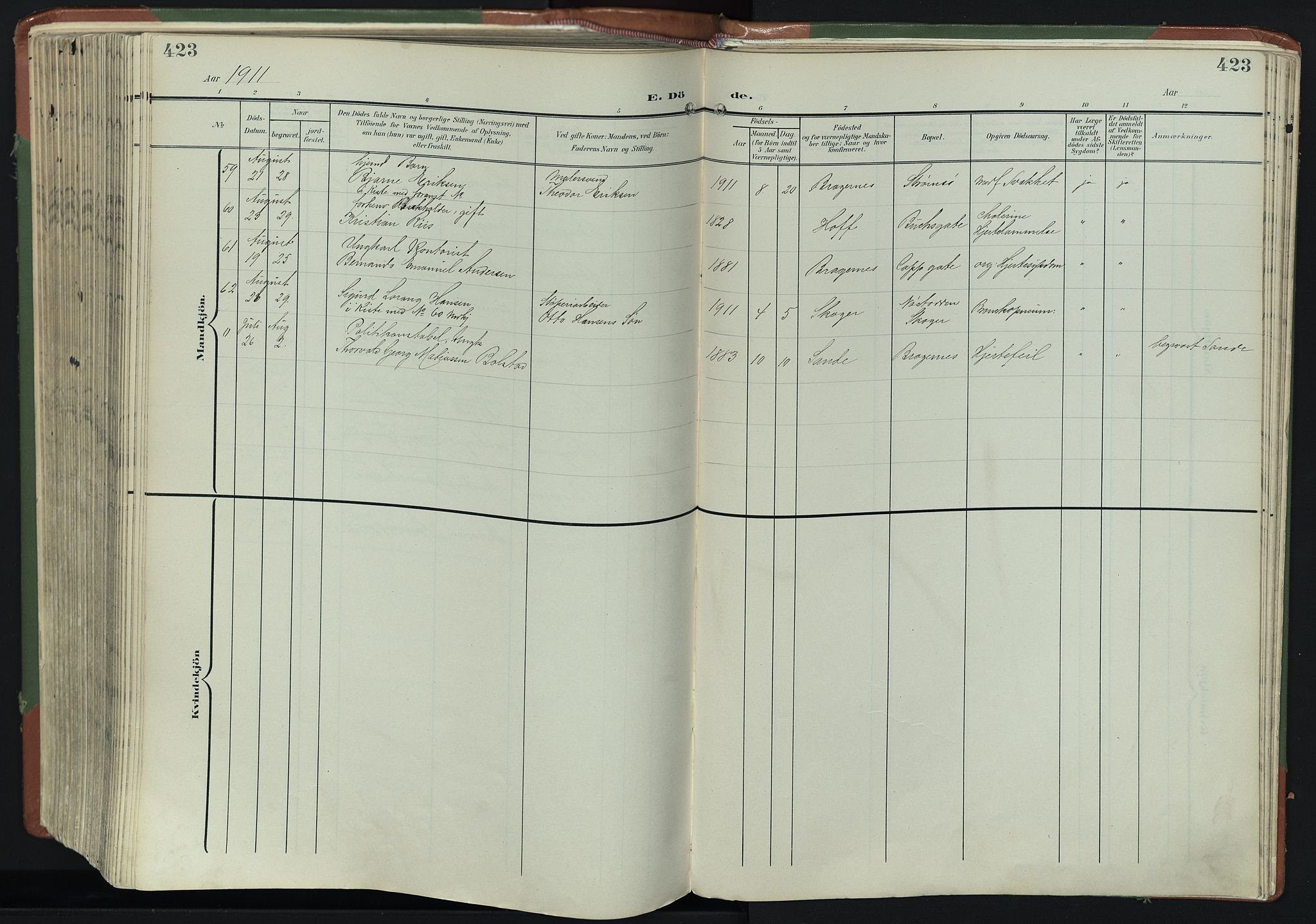 Bragernes kirkebøker, AV/SAKO-A-6/F/Fb/L0009: Parish register (official) no. II 9, 1902-1911, p. 423