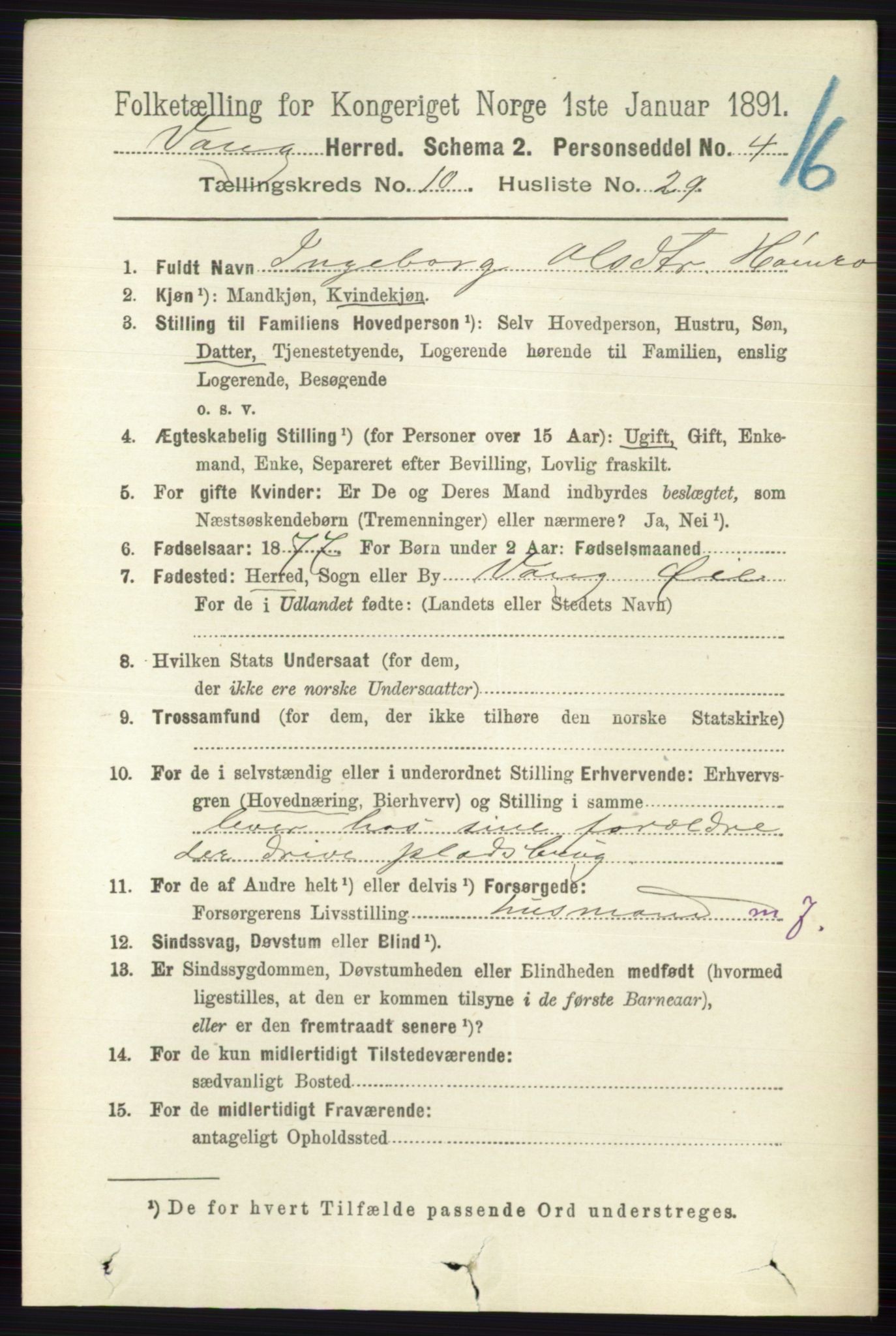 RA, 1891 census for 0545 Vang, 1891, p. 2351