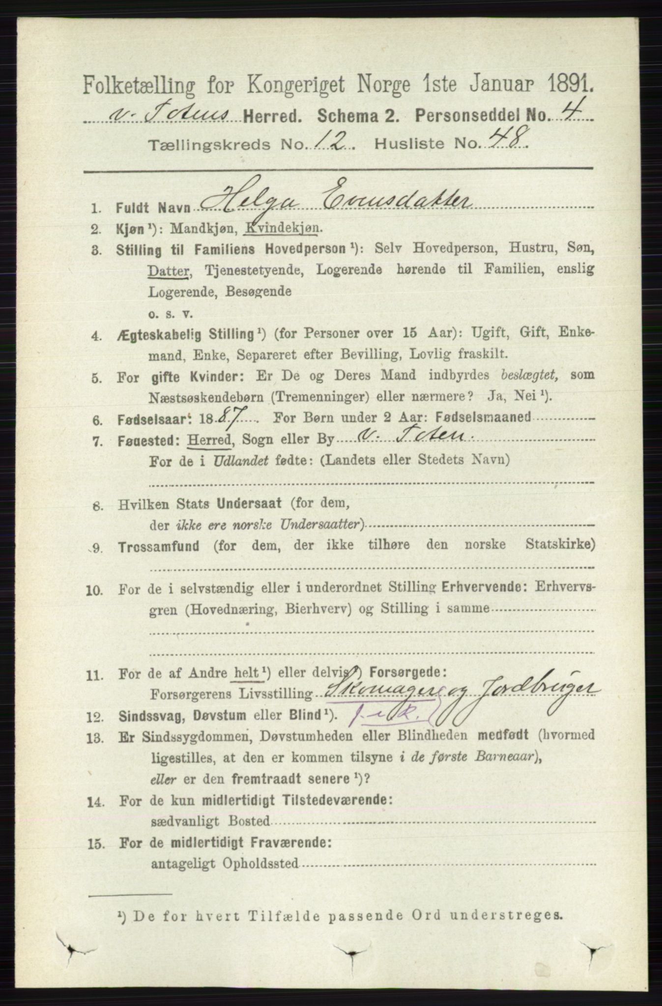 RA, 1891 census for 0529 Vestre Toten, 1891, p. 7574
