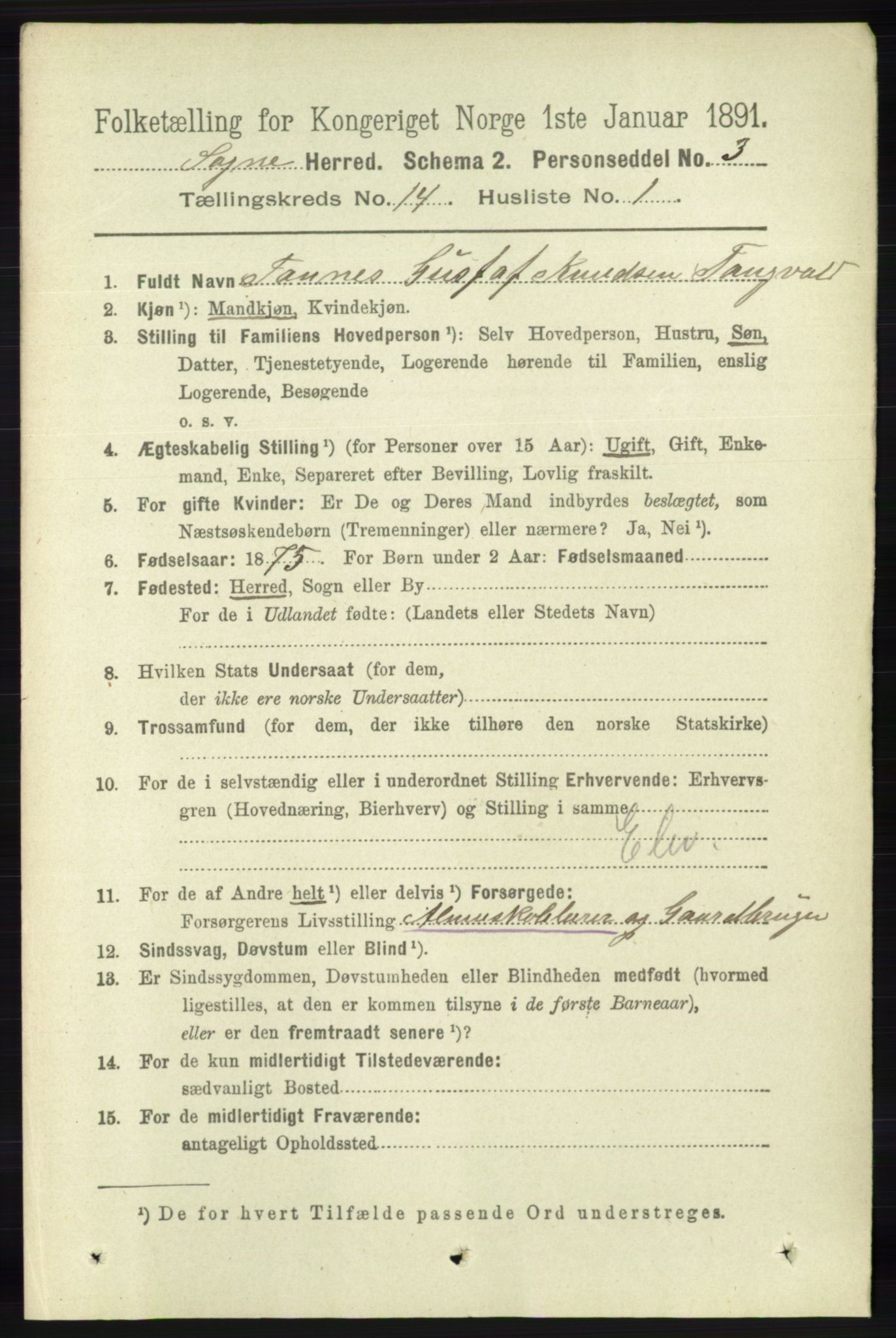 RA, 1891 census for 1018 Søgne, 1891, p. 3406