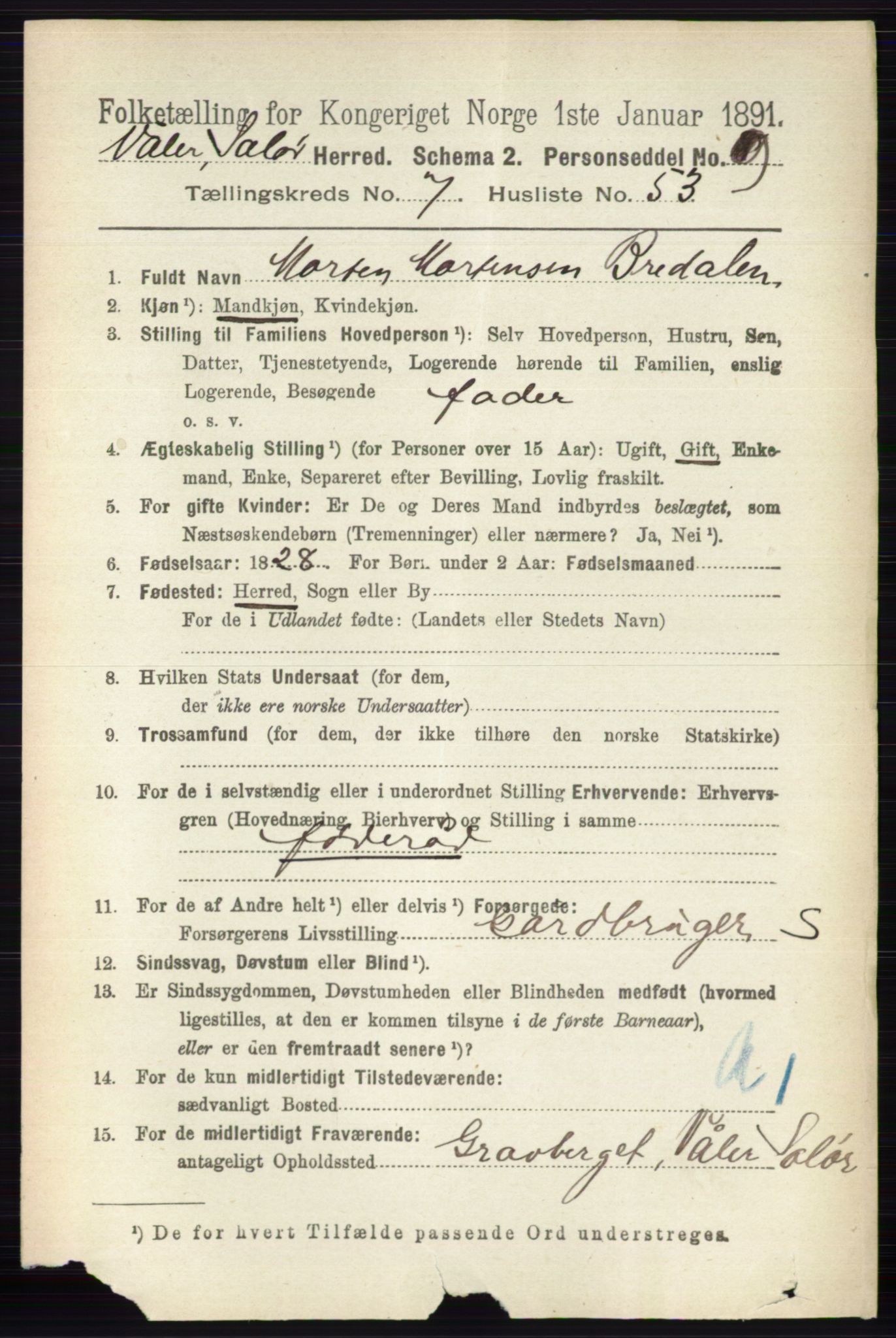 RA, 1891 census for 0426 Våler, 1891, p. 3254