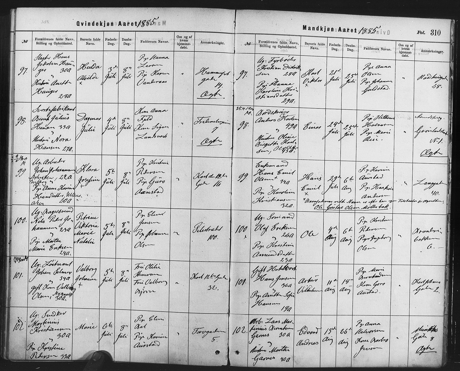Rikshospitalet prestekontor Kirkebøker, AV/SAO-A-10309b/F/L0006: Parish register (official) no. 6, 1871-1885, p. 310